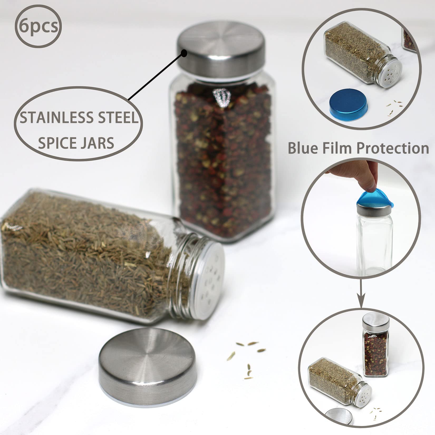 6 tarros de especias, botellas de condimento de vidrio de 4 onzas, recipiente de especias, tarros de especias vacíos, botellas cuadradas para especias con tapas herméticas de acero inoxidable con tapa