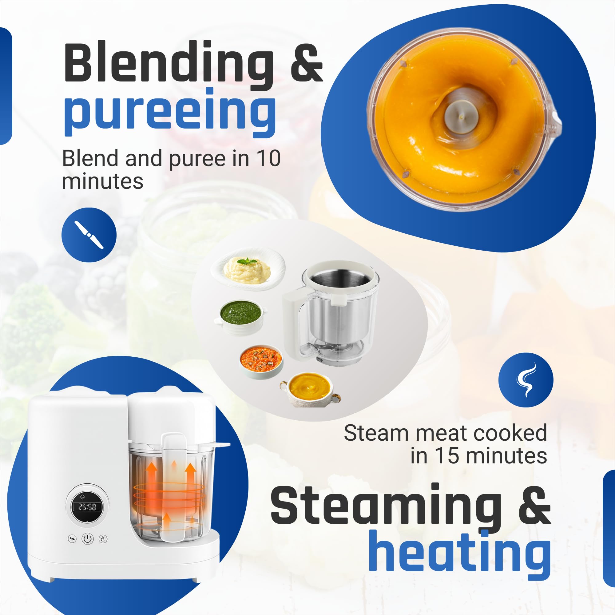 Robot culinaire pour bébé 6-en-1, Cuiseur vapeur & mixeur pour purée, mélange, cuisson, réchauffage, décongélation & stérilisation, Bol inox 300 ml, 2 gobelets de conservation inclus, Sans BPA