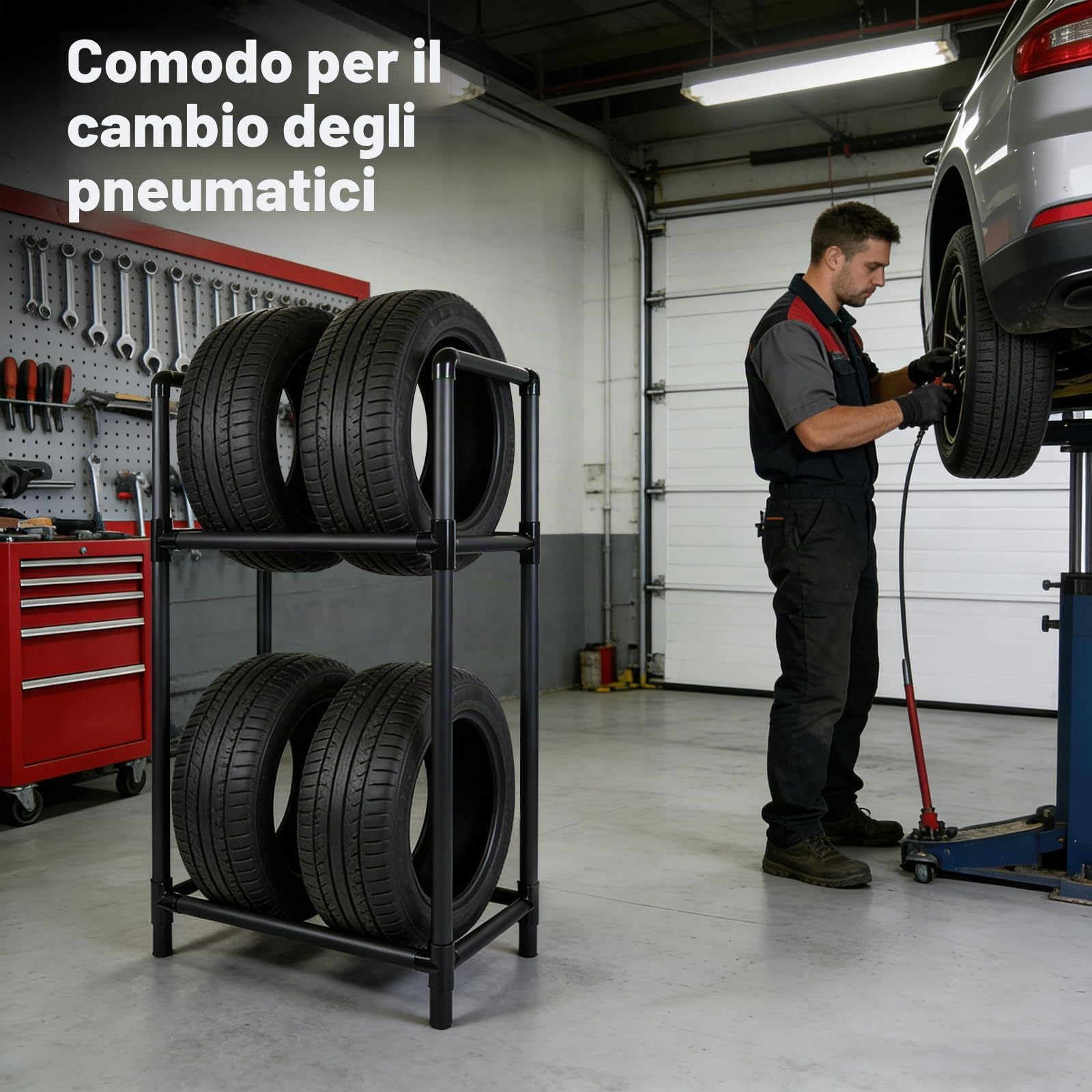 Porta Gomme Auto da Garage per 4 Pneumatici | Scaffale Regolabile in Altezza, Robusta Struttura in Acciaio, Scaffali Garage per Officina (57,2 x 37,3 x 114,6 cm)