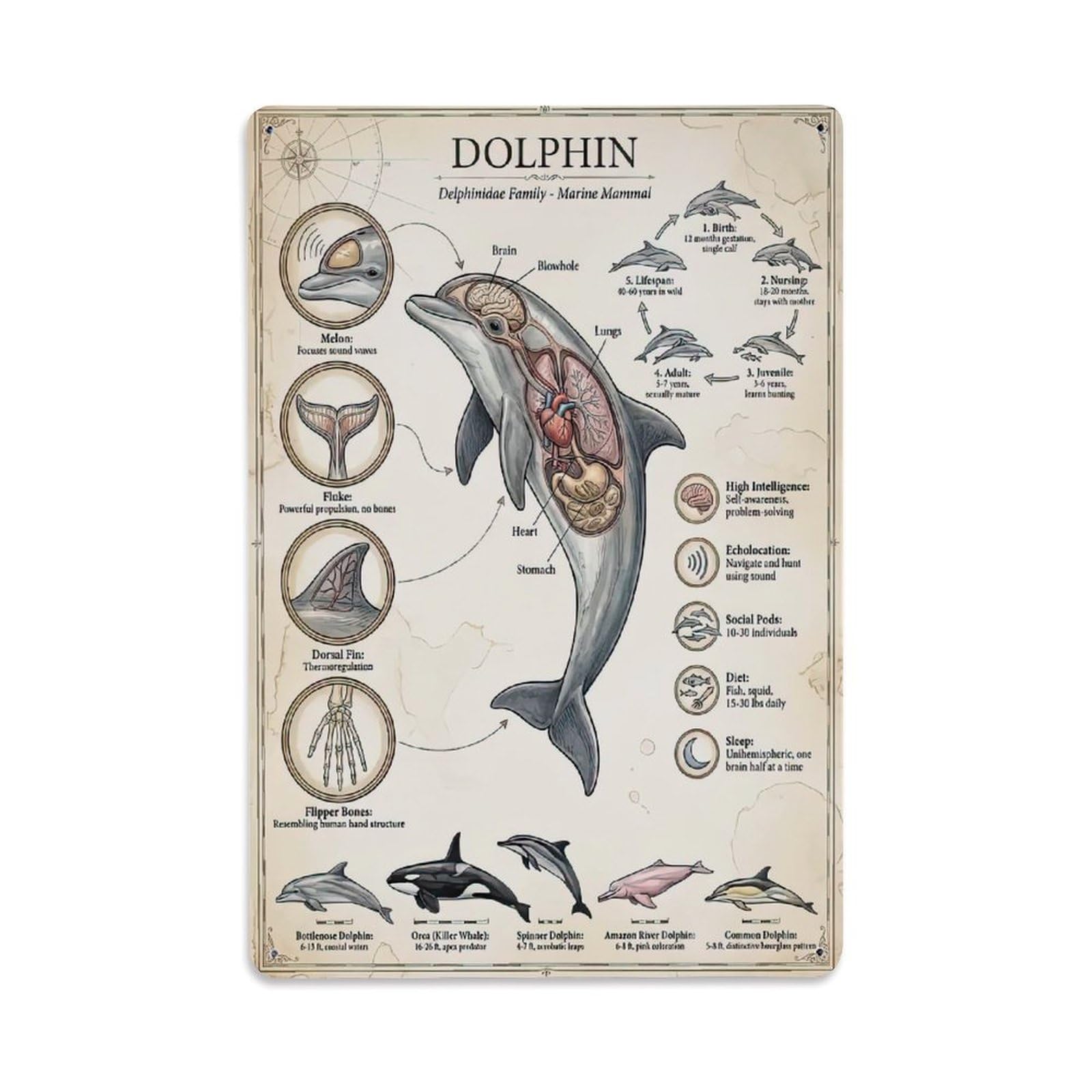 Kids Animal Dolphin Anatomy Sci Inf Guide Educational Nature Metal Tin Sign Plaque Wall Decor for Cafe, Man Cave, Club Bar, Office, Home Garden Round Metal Poster 8x12Inch