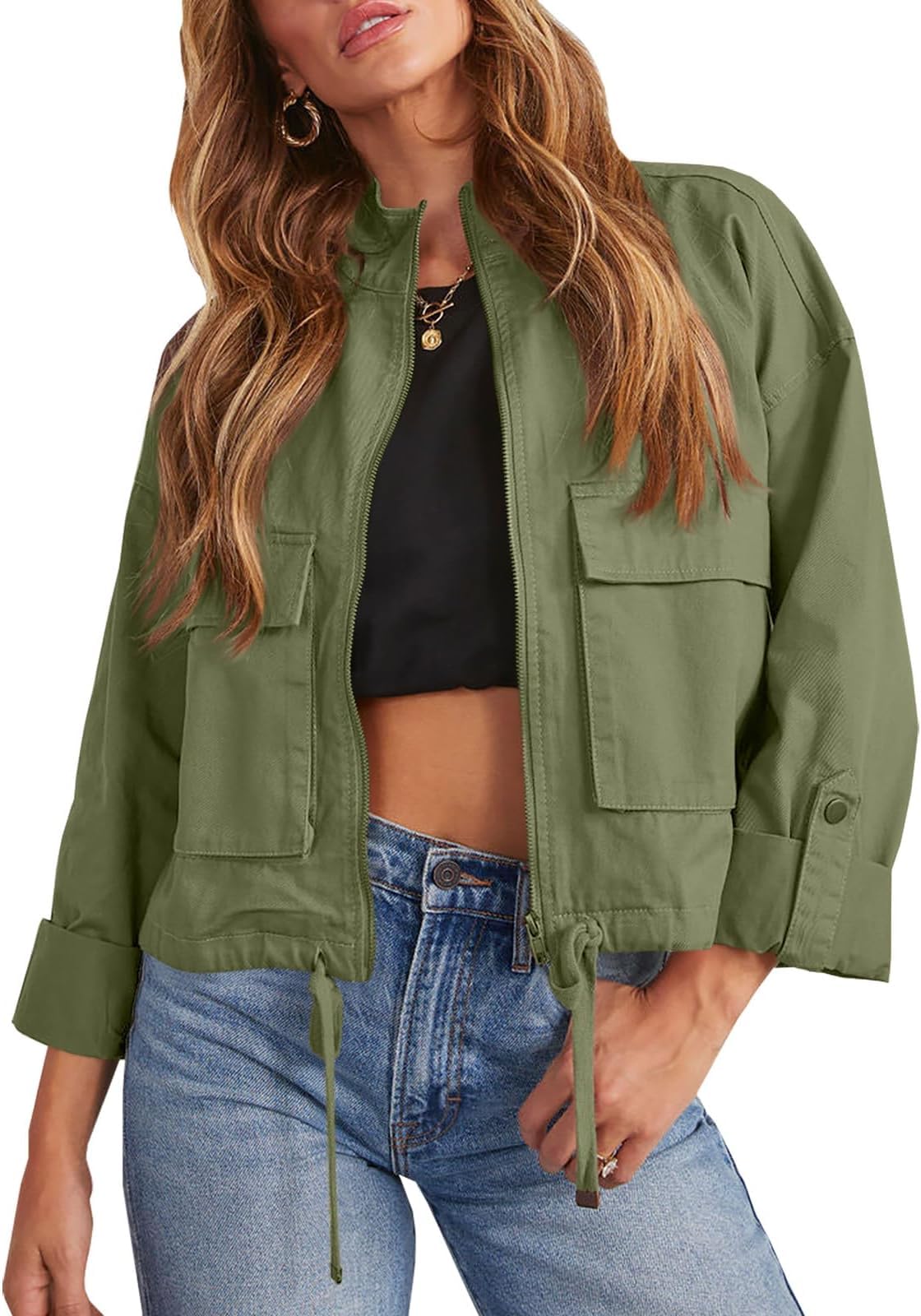 TankaneoWomen Casual Cropped Jackets Zip Up Lightweight Military Safari  Short Utility Coat with Pockets