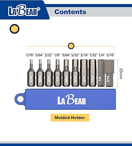 Miniatura 2 de LABEAR -Juego de puntas de destornillador Allen de cabeza hexagonal de 10 piezas. S2 Stee, brocas hexagonales SAE de 1 pulgada para montaje (116,
