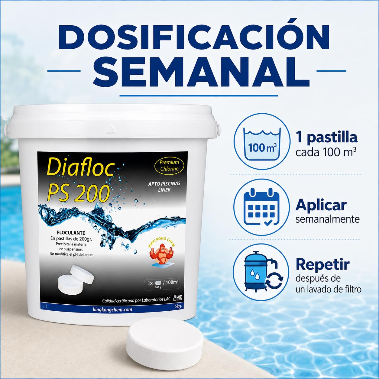 DIASA INDUSTRIAL Floculante en Pastillas 200 gr DIAFLOC PS 200-5 KG - Clarificante Piscinas Grandes - Elimina particulas en suspensión - Apto Piscinas Liner