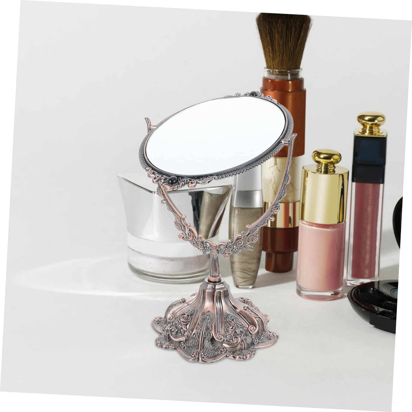 Doppelseitiger Schminkspiegel im Europäischen Stil aus Zinklegierung | Rotierbar mit Flachem Standfuß, Hohe Definition und Stabile Platzierung, Geeignet für Hochzeit und Make Up