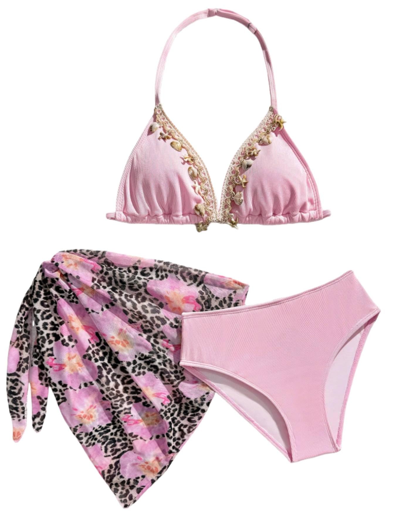 Girl's Swimsuits 3 Piece Bathing Suits with Cover Up Halter Triangle Seashell Bikini Swimwear