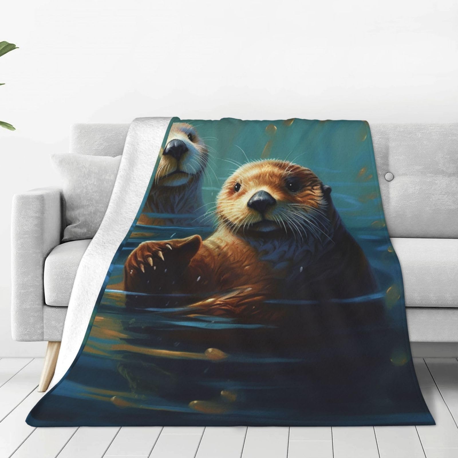 KLOPH Sea Otters Painting Throw Blanket 60"x50" Flannel Fluffy Warm Blanket for Couch, Reversible Plush Blankets for Bed, Comfy Fuzzy Blanket for Sofa, Plush Lightweight-Blankets for All Season