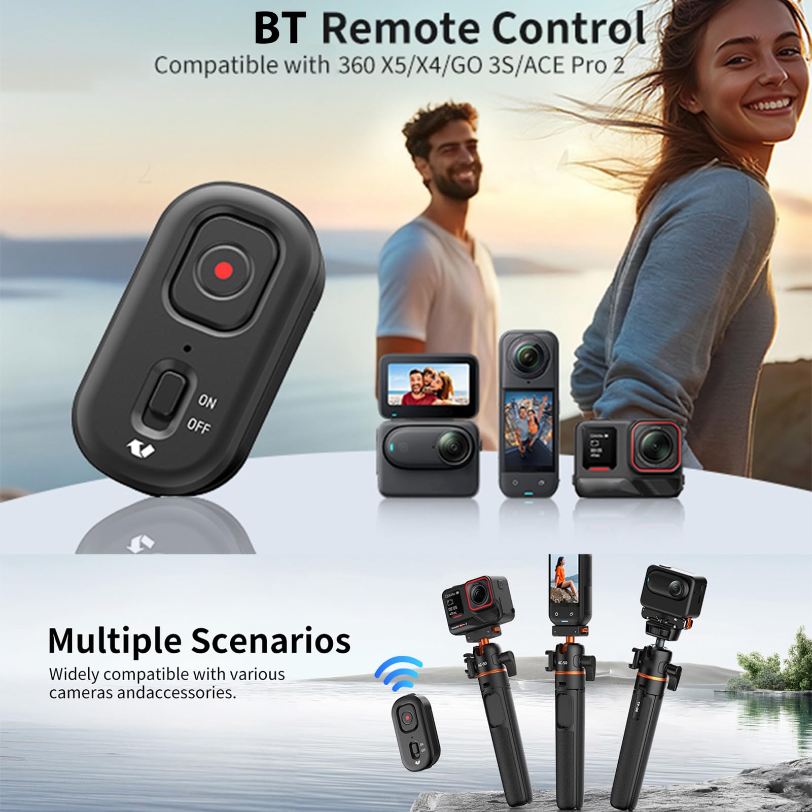 Telecomando per fotocamere a portata di 10 m, 4 funzioni, lunga durata della batteria compatibile con action cameras Insta 360 X5/4/3/2, Ace/AcePro/AcePro2 e GO3S