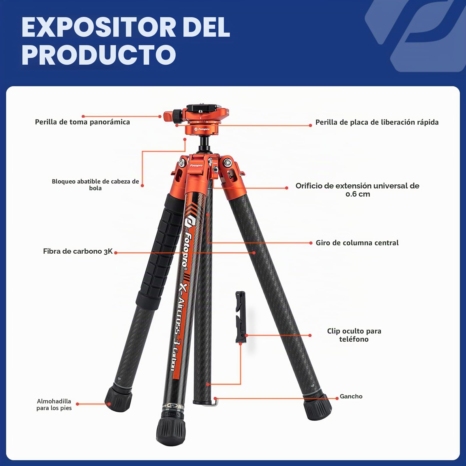 Fotopro X-Aircross 3 Lite - Trípode Ligero para cámara de Viaje de 152CM con Cabeza de Bola panorámica, 0.8KG, Ultraligero, portátil, Profesional, trípode de Fibra de Carbono para cámara