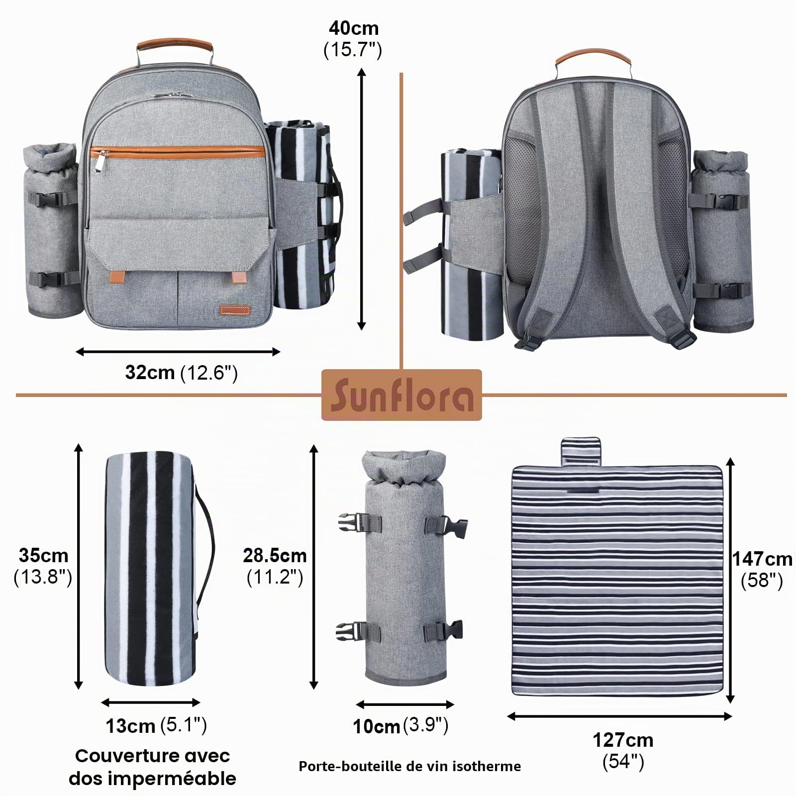 Sunflora Sac à Dos de Pique-Nique isolé pour 2 Personnes avec Compartiment glacière, Pochette à vin, Couverture et Ensemble de Couverts en Acier Inoxydable (Gris)