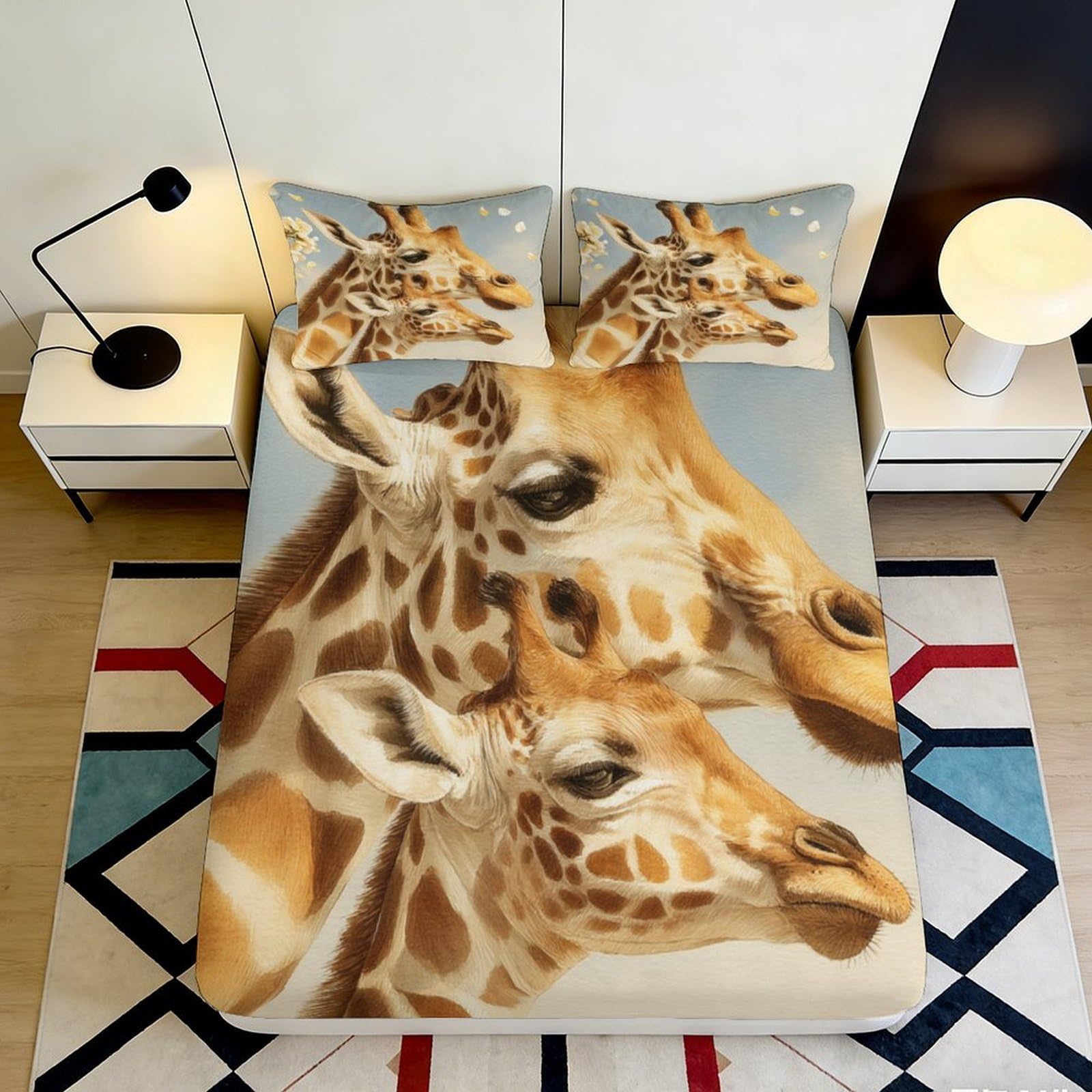 3D Printed Giraffe Pattern Fitted Sheet Microfiber Soft Breathable Giraffe Design Mattress Cover for Bedroom Dormitory Guest Room Protection Decor 200x200x25cm