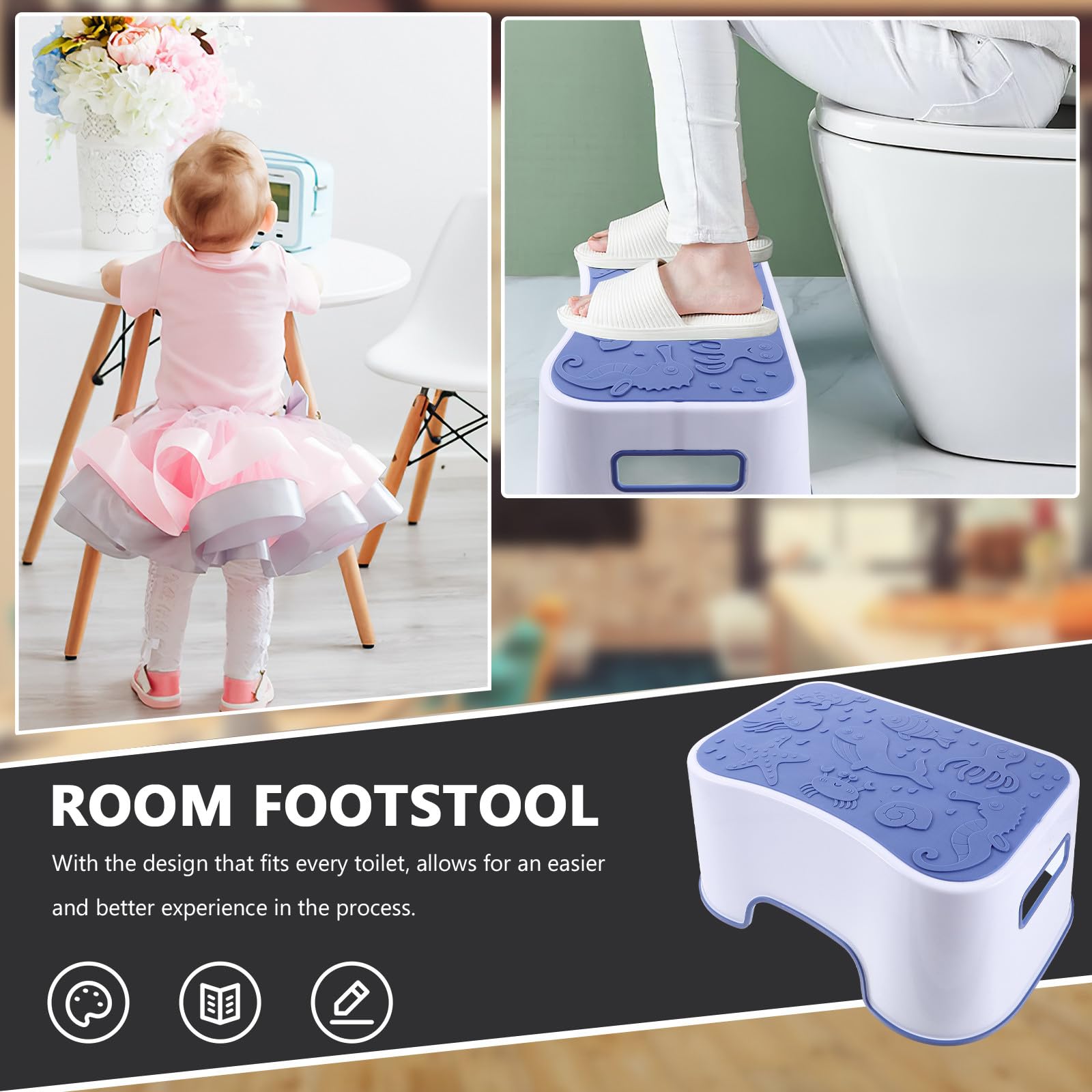 Sgabello da Wc Basso in Pp Blu, Passo Bagno per Toilette | Adatto a Ogni Wc, Pulizia Semplice, Stile Chic ed Elegante, Supporto per Igiene Quotidiana