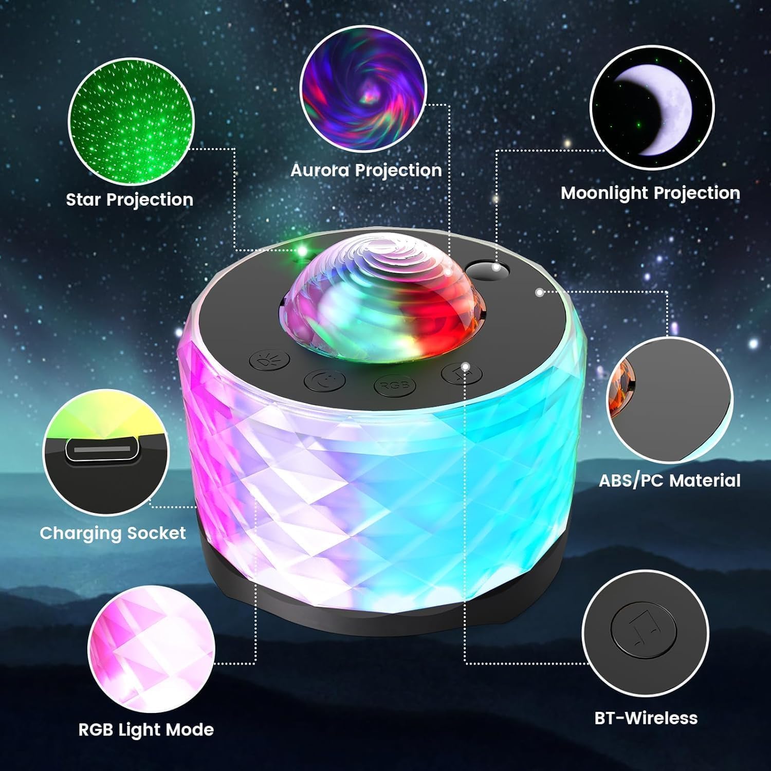 Proiettore Galaxy, 3 in 1 RGB Musica Aurora, luce notturna con altoparlante Bluetooth e rumore bianco, per bambini, adulti, decorazioni per la casa (M67-BLACK)