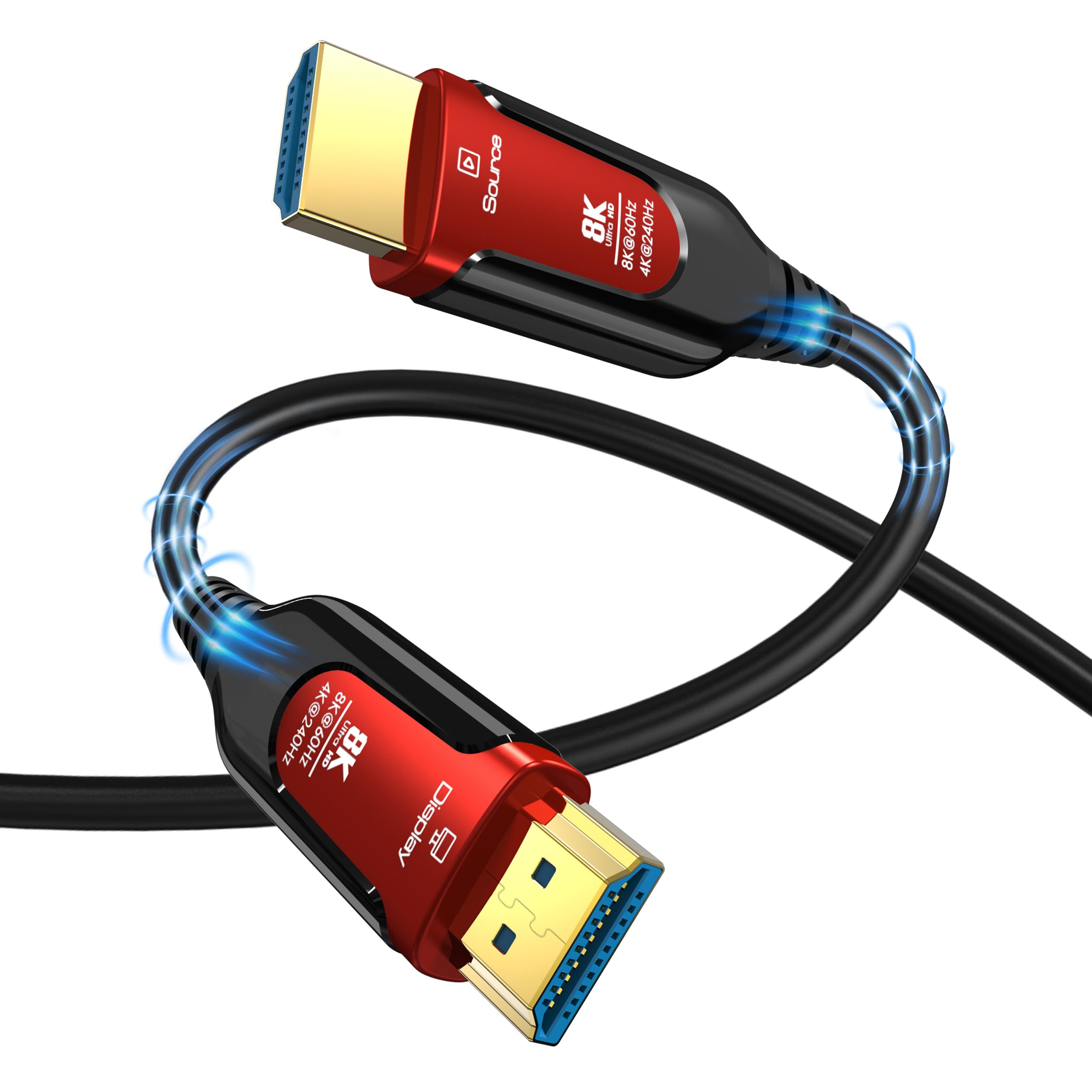 PremiumCord 8K Câble à Fibre Optique HDMI 2.1, Ultra High Speed 48 Gbit/s, 3D, EDID, ARC, HDR, Résolution 8K@60Hz 4320p, 4K@240Hz, Compatible PS5, Xbox X, PC, TV, Noir/Rouge, Longueur 30 m