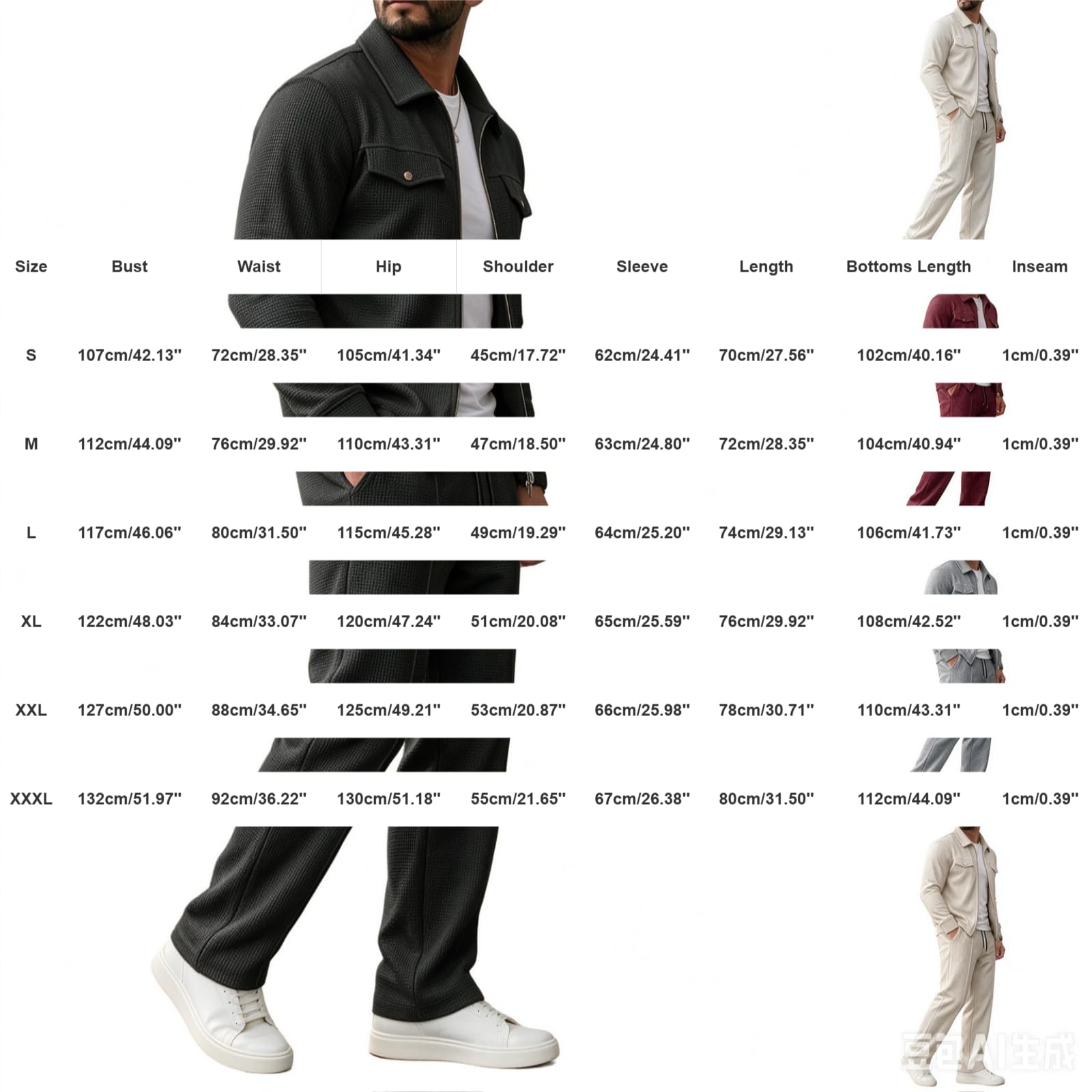 Uomo Tute Waffle 2 Pezzi Manica Lunga Cerniera Giacca & Pantaloni | Tuta Per Il Tempo Libero Sport Uomo Casual Giacca da Golf Pantaloni Jogging Tasca Set Casa Lavoro