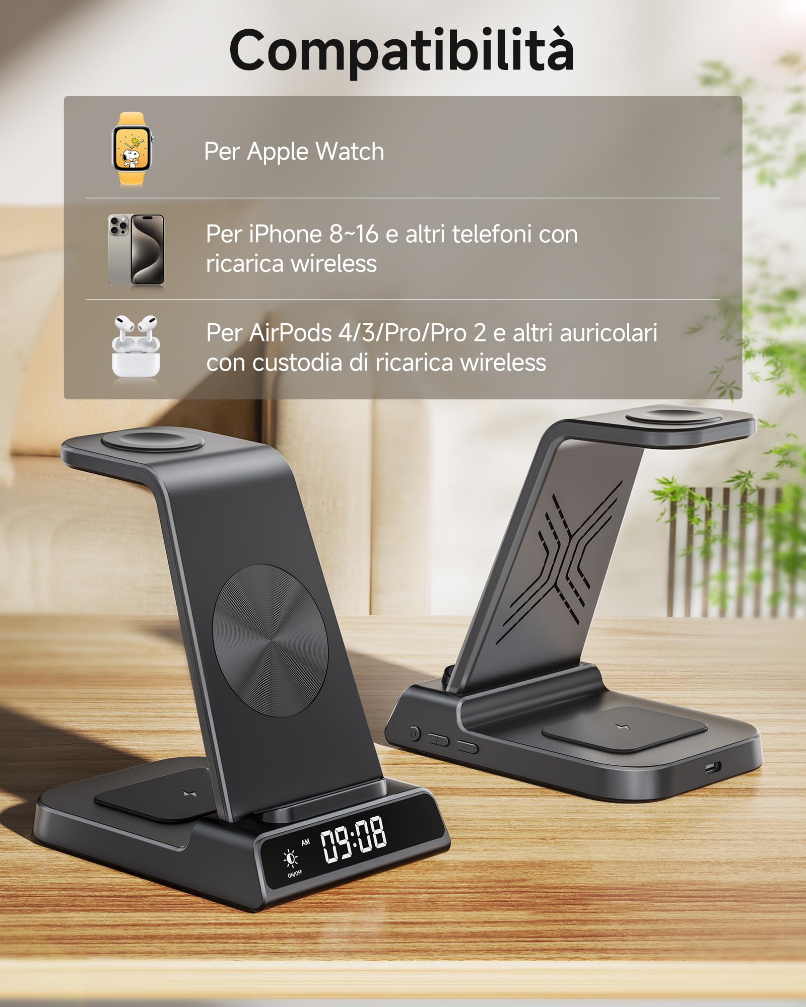Stazione di ricarica per Apple, caricatore wireless 3 in 1 con orologio per iPhone 16/15/14/13/12/11/SE/XR/XS/X, supporto di ricarica per Apple Watch Ultra/9/8/7/6, AirPods Pro/4/3 (Senza Adattatore)