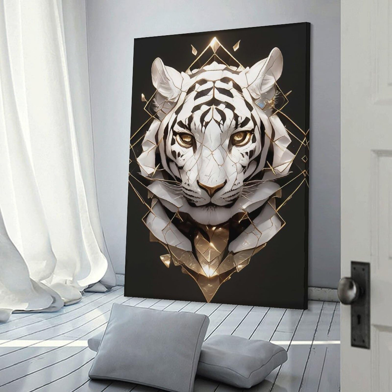 Junmoney Frame-Style-12 White Tiger With Geometric Gold Accents Canvas Wall Art, 08X12inch(20X30cm), For Workspace Walls, Study Corners Or Bedrooms, An Interior Accent For Desk Areas