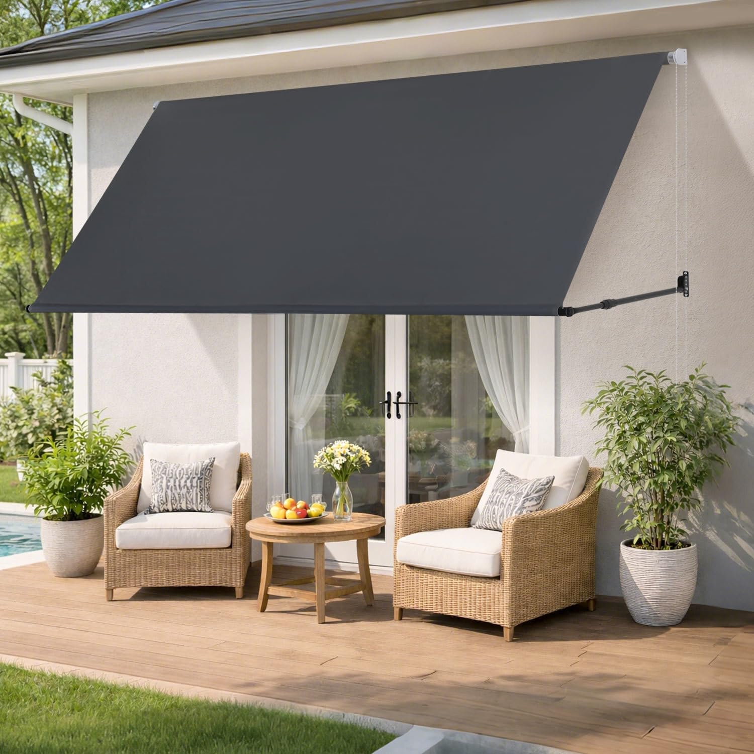 Markise Fallarmmarkise einziehbar 300x150cm, Stützarm 70-120cm verstellbar, 2m Perlenkette, Wandmontage, Sonnenschutz & Windschutz für Balkon Terrasse Garten, Dunkelgrau