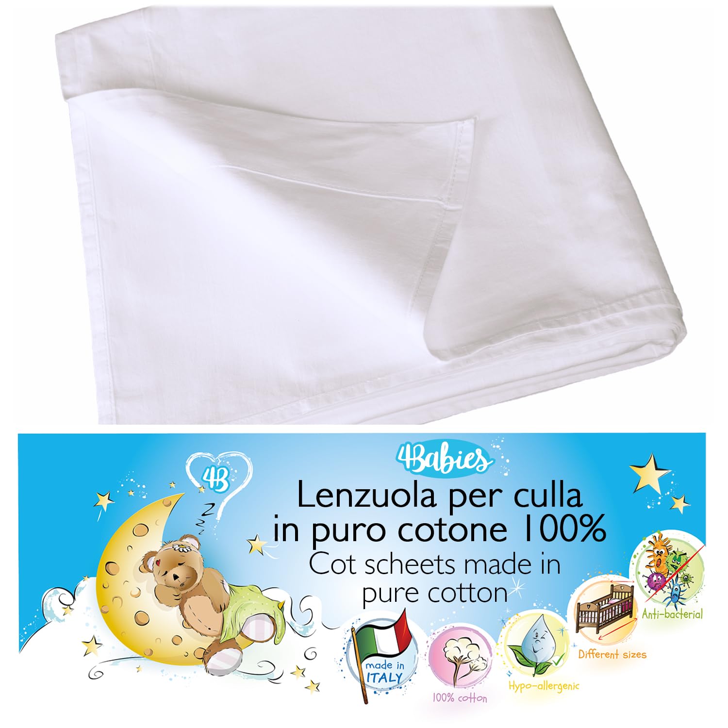 4BABIES - Lenzuolo sopra per culla - Lenzuolino lettino con sbarre - Biancheria da letto per bambini in 100% Cotone Made in Italy certificato OEKO-TEX - Bianco