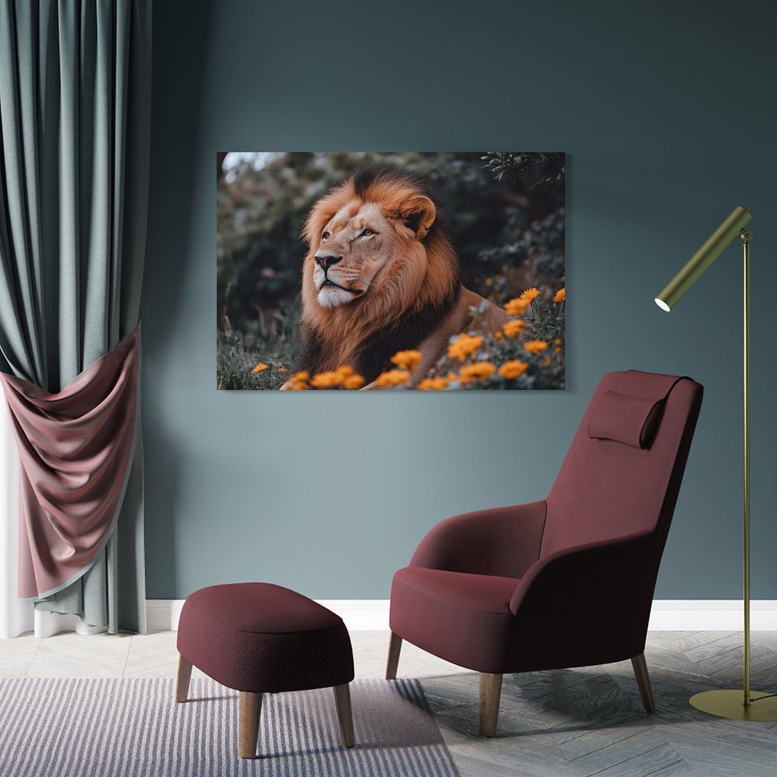 Junmoney Wall Picture Print Majestic Lion Portrait in Floral Setting, 24x36inch(60x90cm), for Wall Displays, Bedrooms Or Room Updates, Wall Decor Suited to Curated Displays