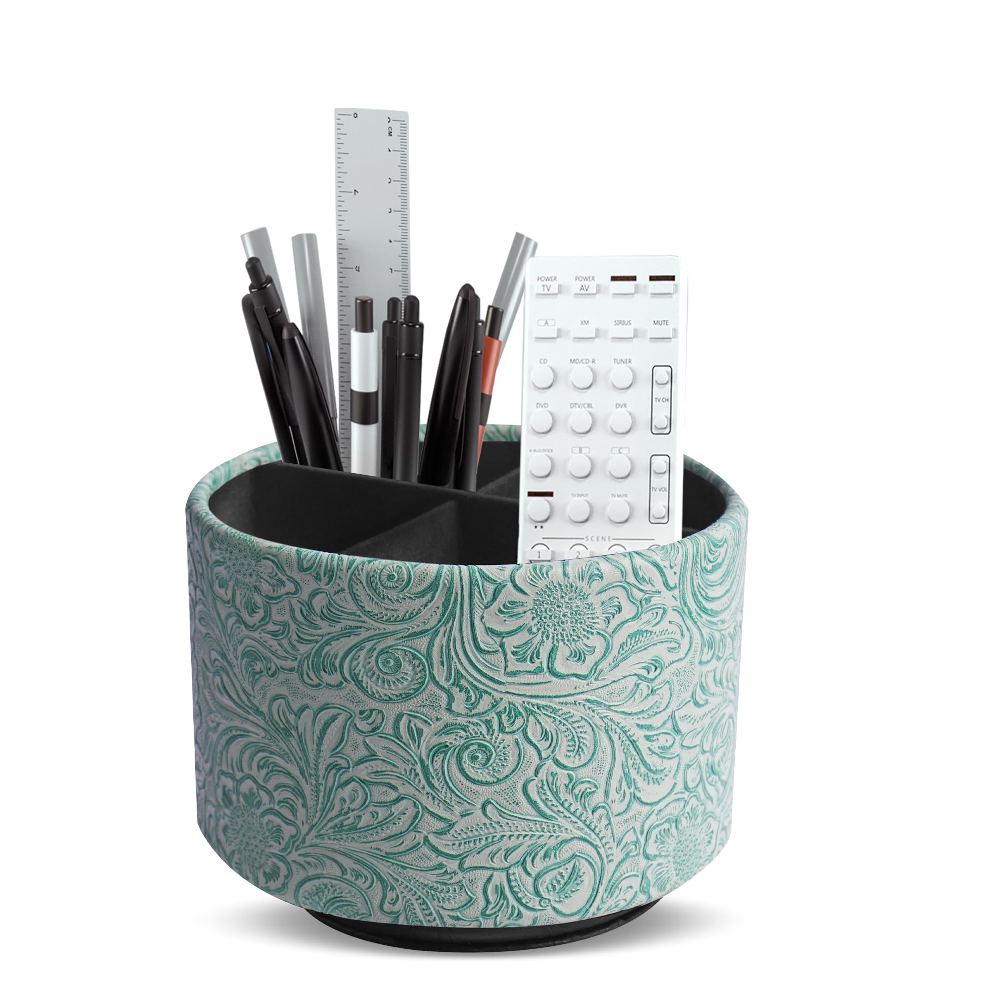 Mtzmy Round Leather Art Supply Organizer,Remote Control Holder,360 Degree Spinning,Multi-Functional Pencil Holder,4 Compartments Desktop Stationary Organizer(1-Carved Stone Green) — image 1