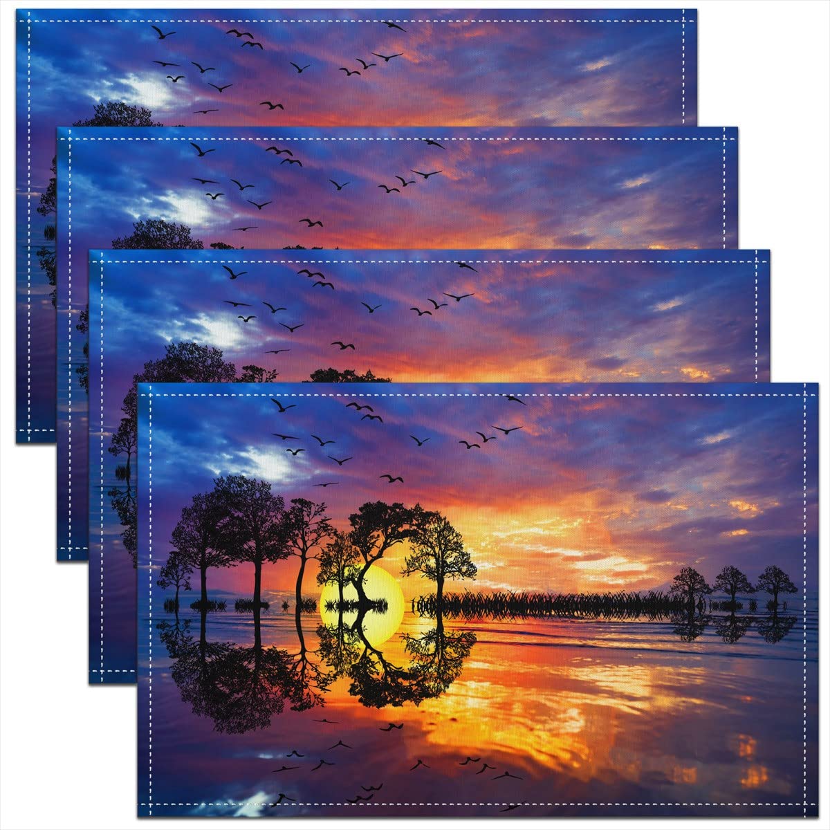 Richhome Color 01 Nature Landscape Placemats 12X18 Inch Set Of 4 3D Abstract Setting Sun Trees Birds Place Mats For Kids Teens Adults Wild Outdoor Lake Scenery Decor Kitchen Mats For Dining Table