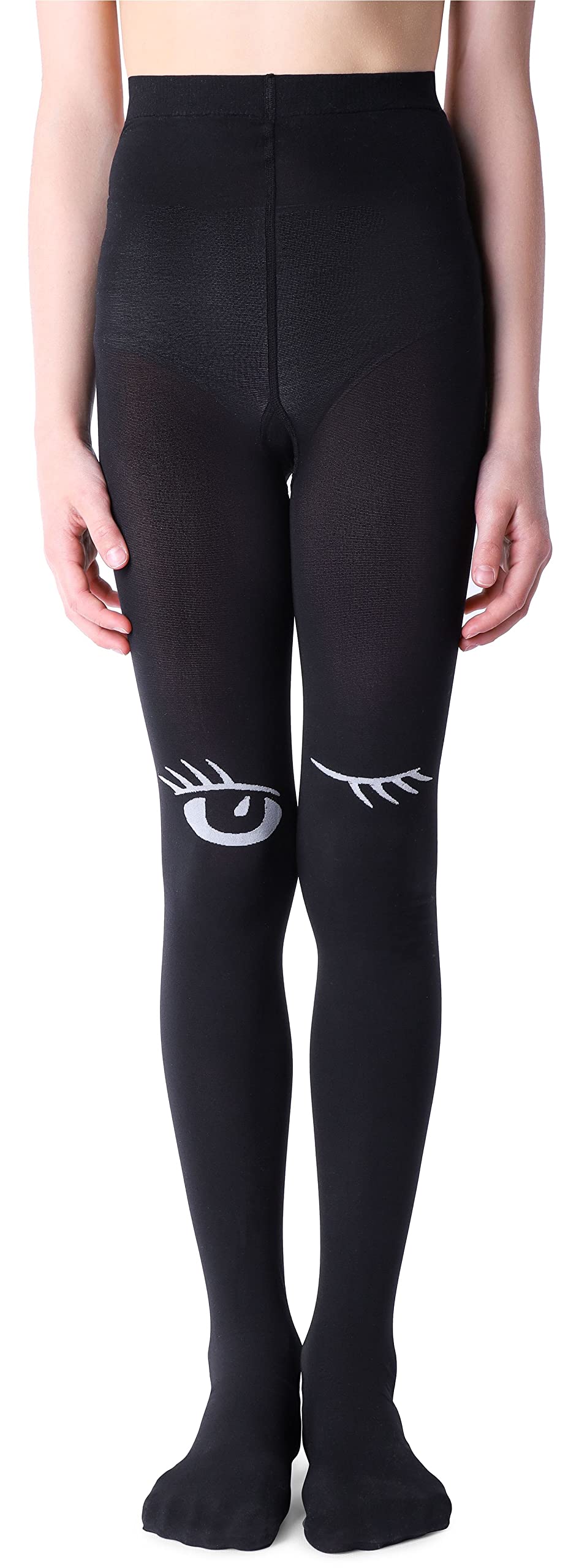NOQ Girls Fancy Printed Tights Patterned Footed Pantyhose 40 den Dance School Animal Print Over Knee socks Imitation, Blink Nero 12-13 years (152-158)