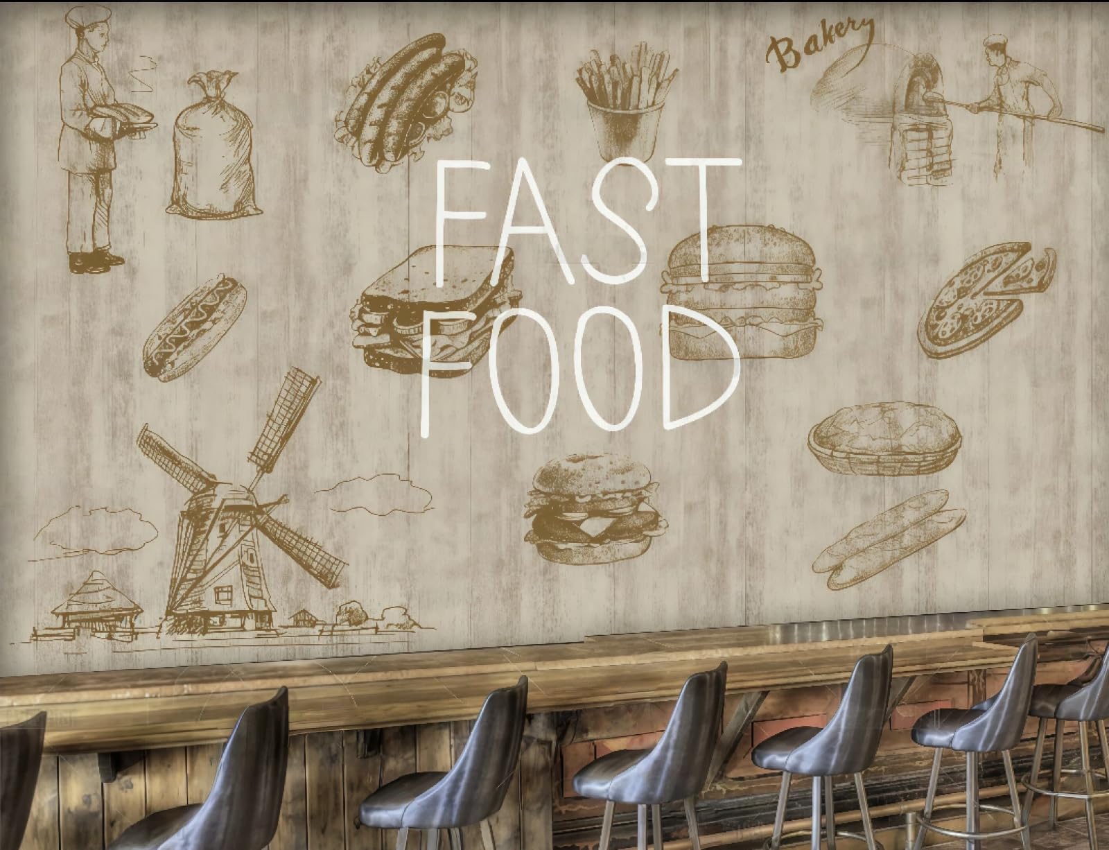 XDOUBAO Wallpaper Retro Hand-Painted English Letters Bread Baking Cake Western Pastry House Afternoon Tea Western Restaurant Background Wall Wallpaper Coffee Shop Mural,3D,300x210cm