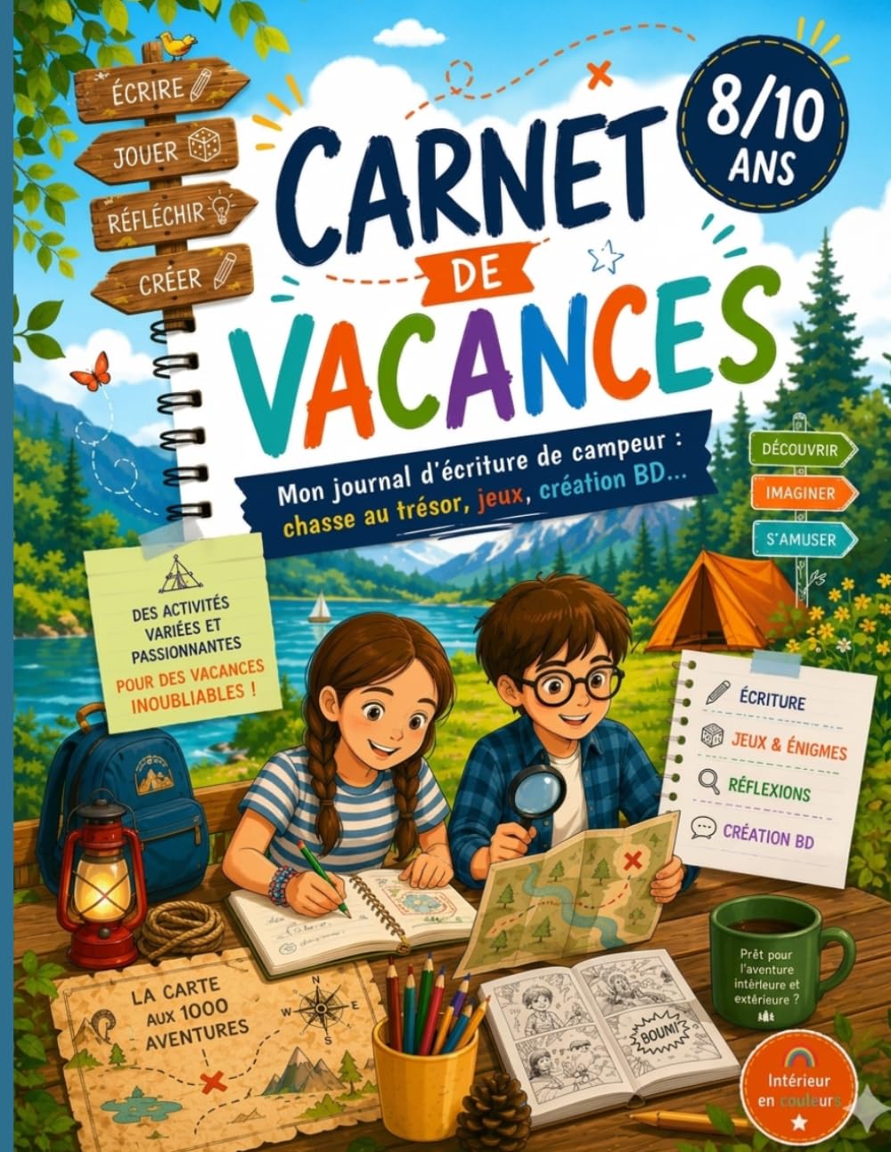 Mon Carnet de Vacances - Camping - Jeux, écriture et souvenirs pour les 8-10: Carnet d'activités enfant avec chasse au trésor, histoire, bande ... - Police adaptée aux enfants dyslexiques