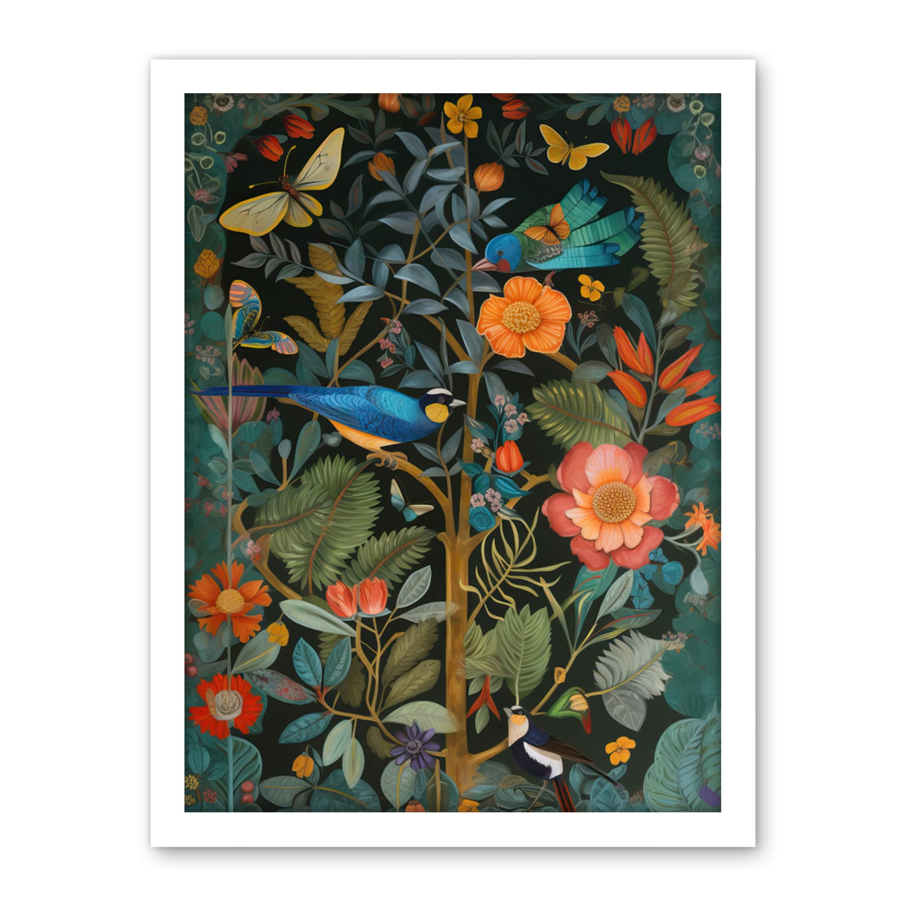 Artery8 Birds and Butterflies Modern Flower Art Nouveau Artwork Framed Wall Art Print 18X24 Inch