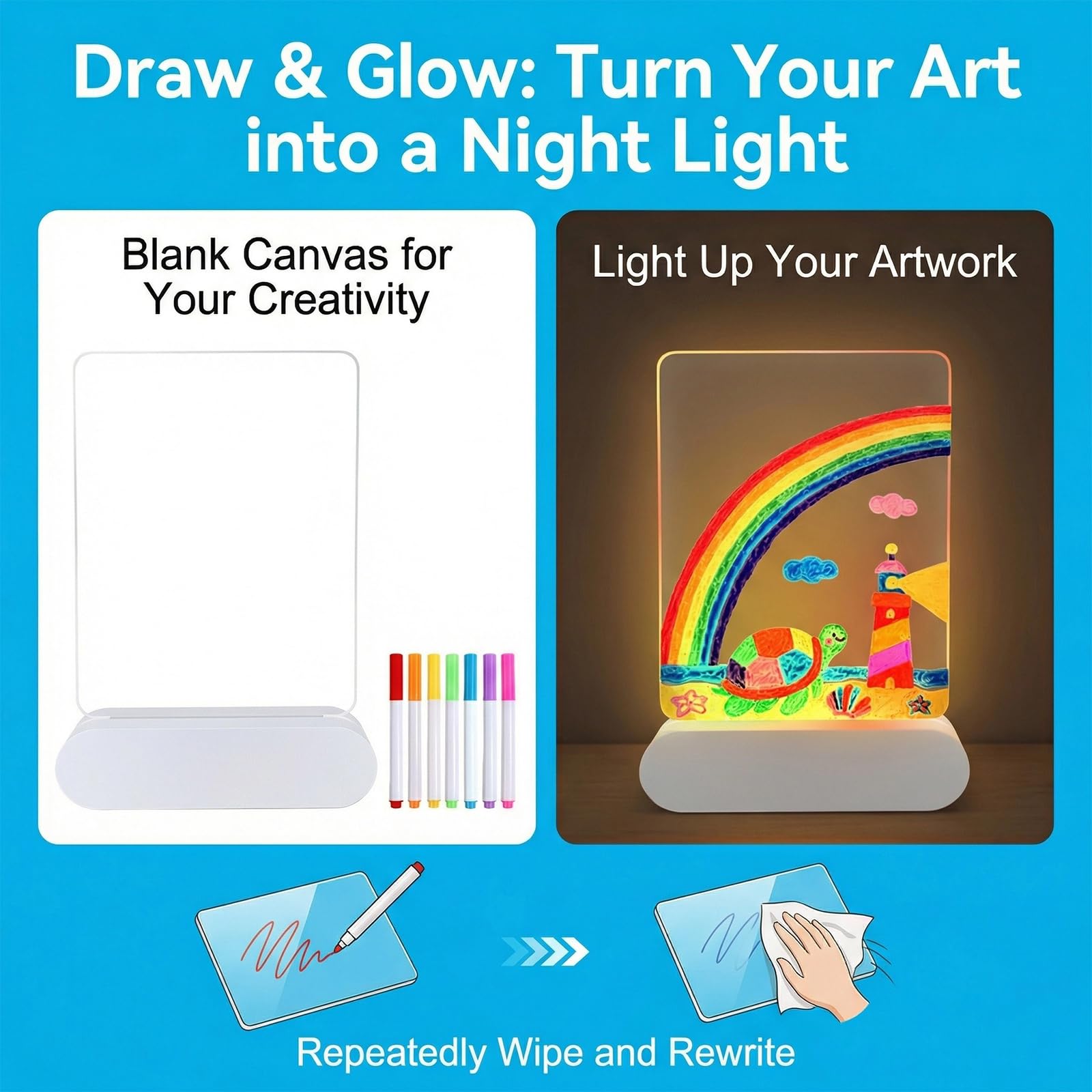 Lavagna per appunti a LED con colori, 22 x 15 cm, per bambini, dimmerabile, per bambini, 4 modalità, lavagnetta in acrilico lavabile a secco, con 7 colori penna per ufficio, scuola, casa