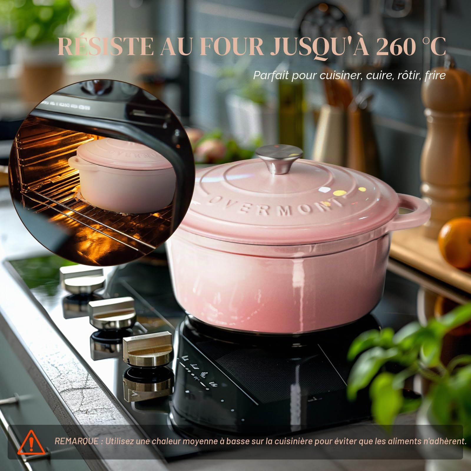 Overmont Cocotte en Fonte Émaillée - Ø24 cm Casserole Antiadhésive Avec Couvercle et Maniques en Coton - Batterie de Cuisine Robuste pour Braiser Ragoûts Rôtir Pain - Rose pastel