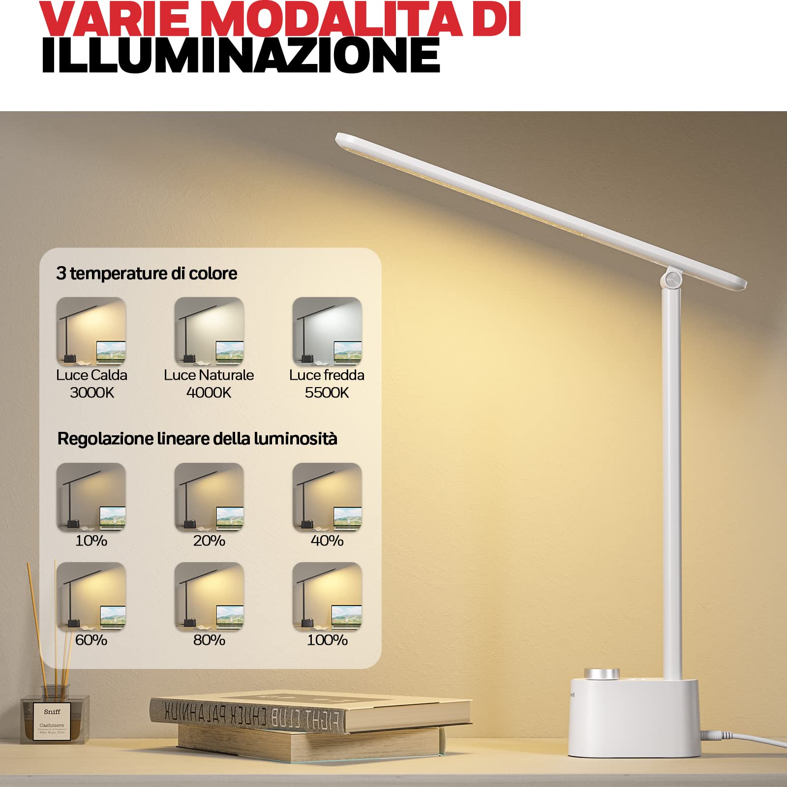 Honeywell lampara escritorio con puerto de carga USB - Escritorio LED flexo regulable para el cuidado de los ojos para la oficina en casa, lámpara de mesa pequeña portátil plegable trabajar, HWT-H01