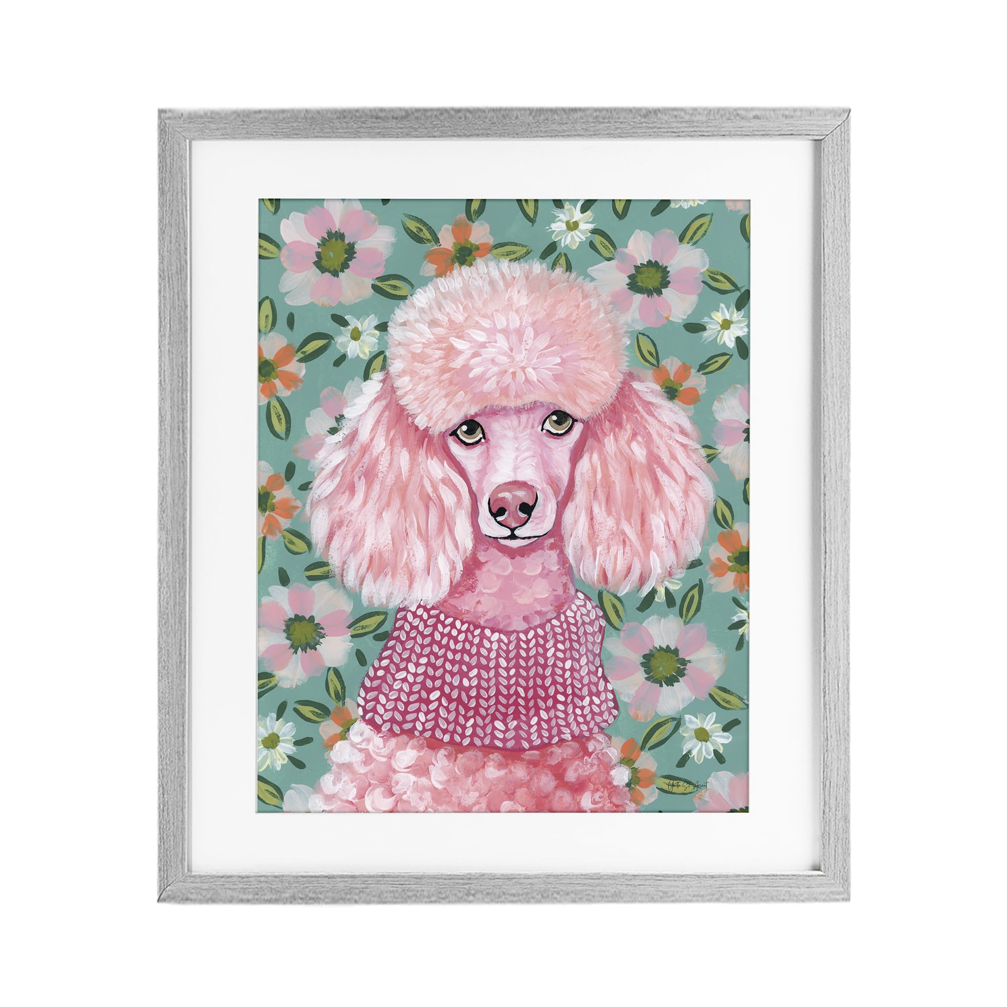 Stupell Industries Farmhouse Gray (Textured) 'Floral Poodle In Pink', Framed Print Under Glass, Gray, 13 X 16 Inches, Easy To Hang And Sturdy, Made In Usa, By Yvette St. Amant