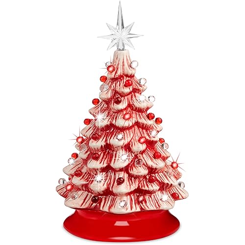 Best Choice Products 15in Ceramic Christmas Tree, Pre-lit Hand-Painted Tabletop Holiday Tree, 2 Star Toppers, 64 Lights - Peppermint w/Red and White Bulbs