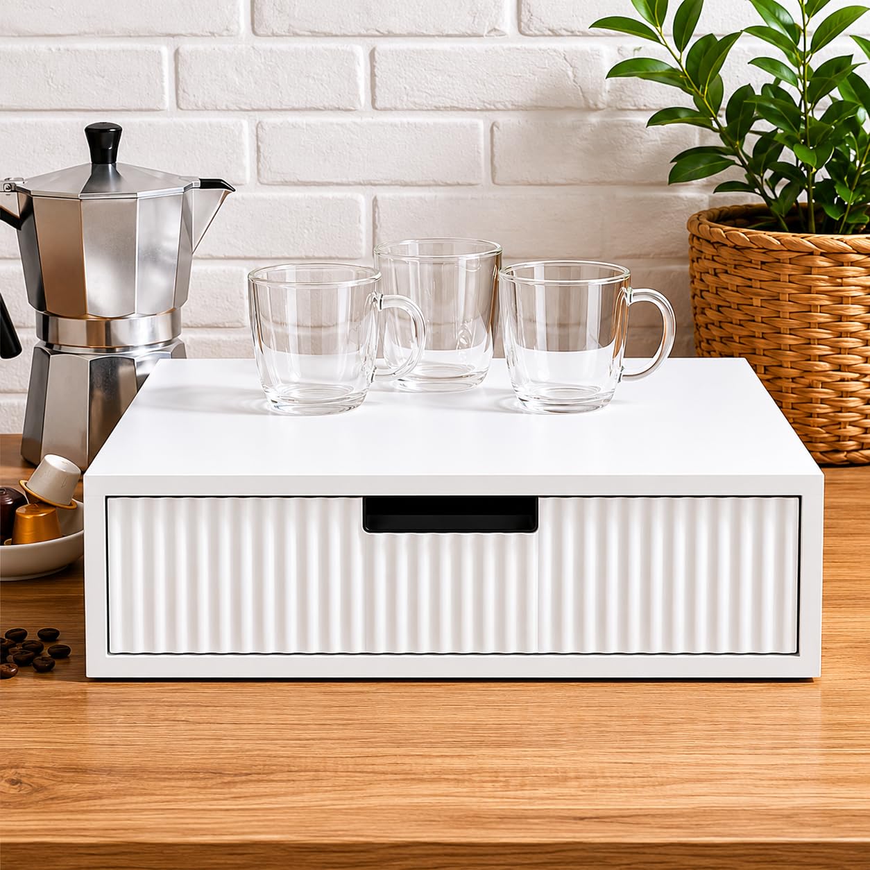 Porta Capsule Caffè Organizer con 3 Scomparti, Coffee Station in Legno, Contenitore per Capsule e Cialde Caffè, Portacialde da Appoggio 30x30x10 cm (Bianco)