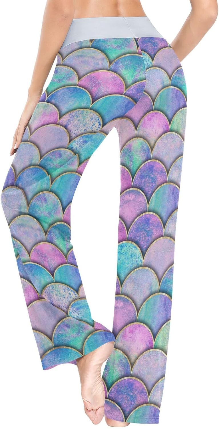 Women's Colorful Mermaid Fish Scale Wide Leg Pants Lounge Pjs Bottom High Waist Casual Loose Yoga Pants - Image 5