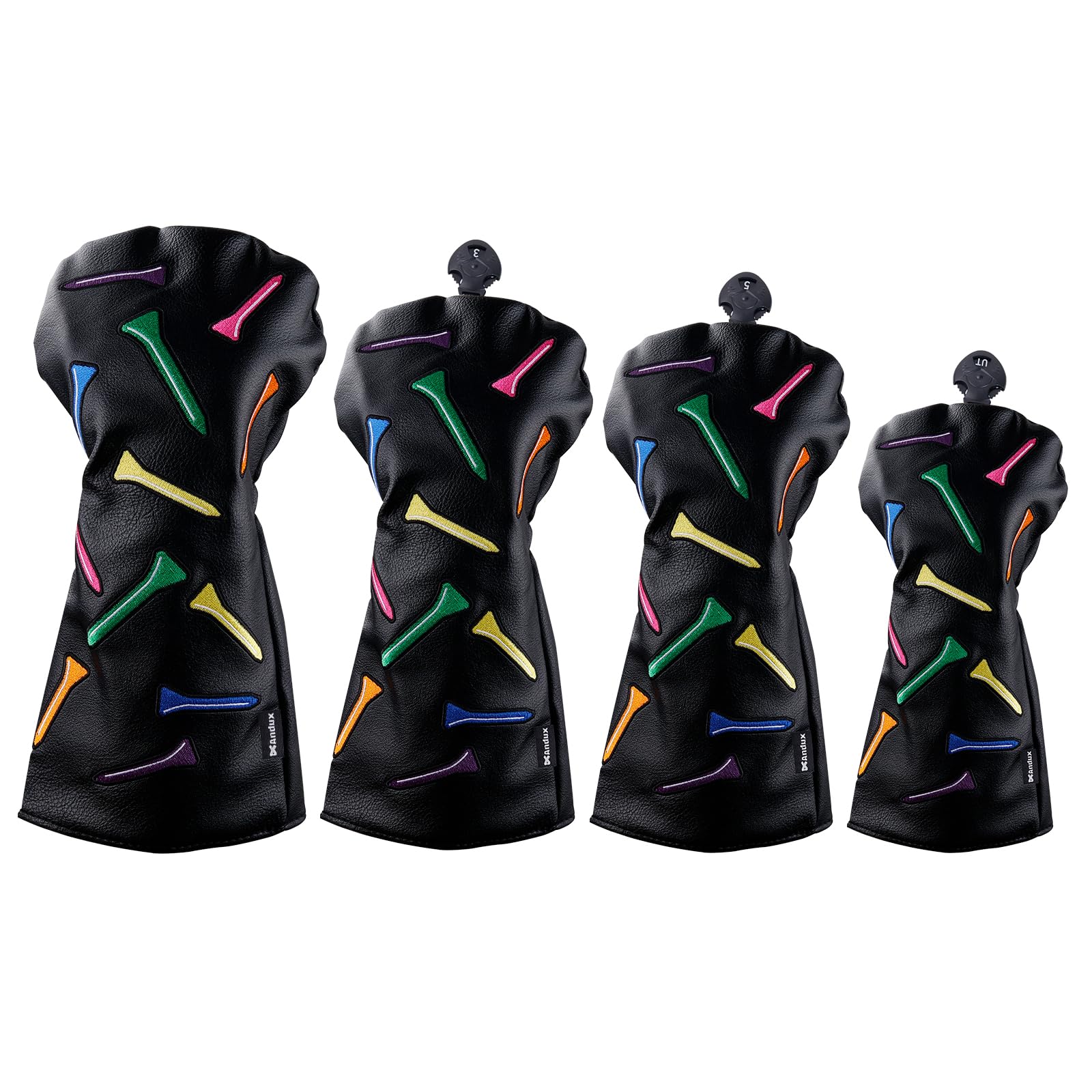 Andux 4pcs/Set Tee Pattern PU Golf Wood Club Head Covers 460cc Driver Fairway Woods Hybrids Covers Black