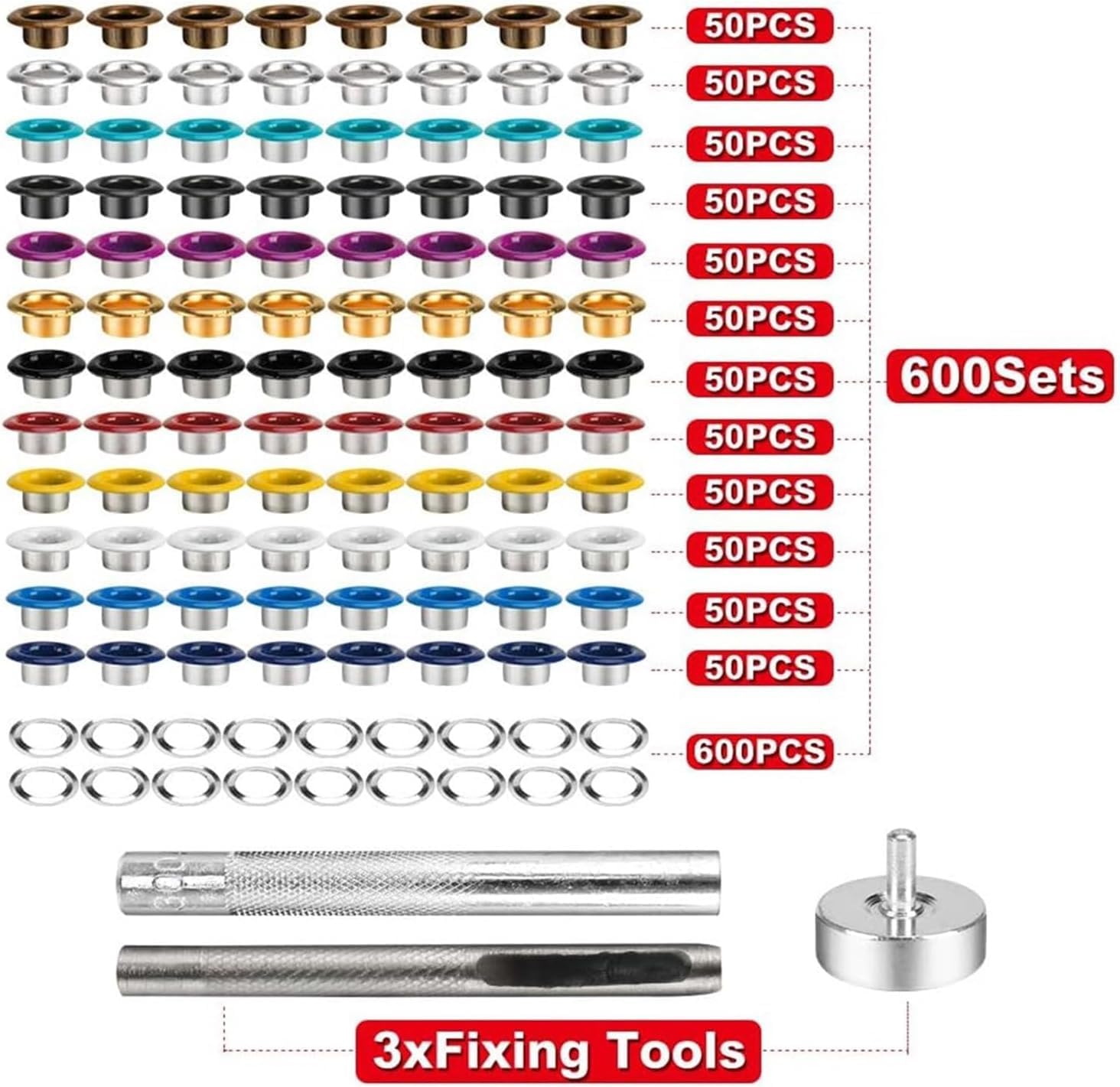 Metal Eyelets Grommets,600pcs 3/16inch Kit with 3pcs Installation Tool for DIY Shoes Clothes Crafts Bag for PU Leather/Belt/Shoes/Crafts