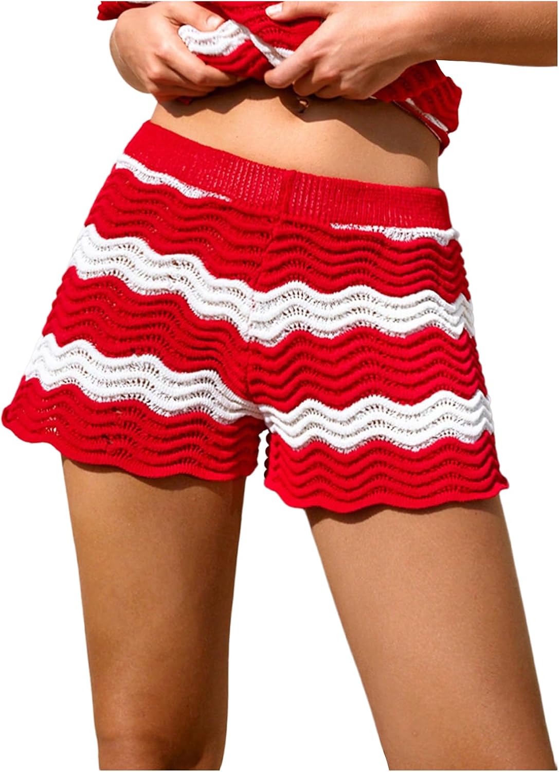 SOLY HUX Women's Striped Crochet Shorts Color Block Elastic Waist Scallop Summer Vacation Beach Shorts