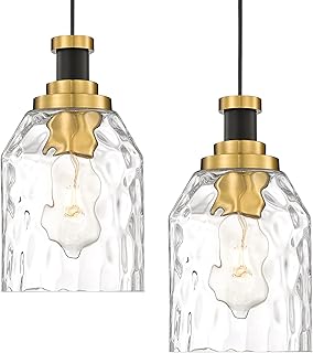 zeyu 2 Pack Modern Kitchen Pendant Lighting Over Island, Hanging Light Fixture for Dining Room, Water Ripple Glass Shade, Black and Gold Finish, ZG33M1L-2L BK+BG-WG