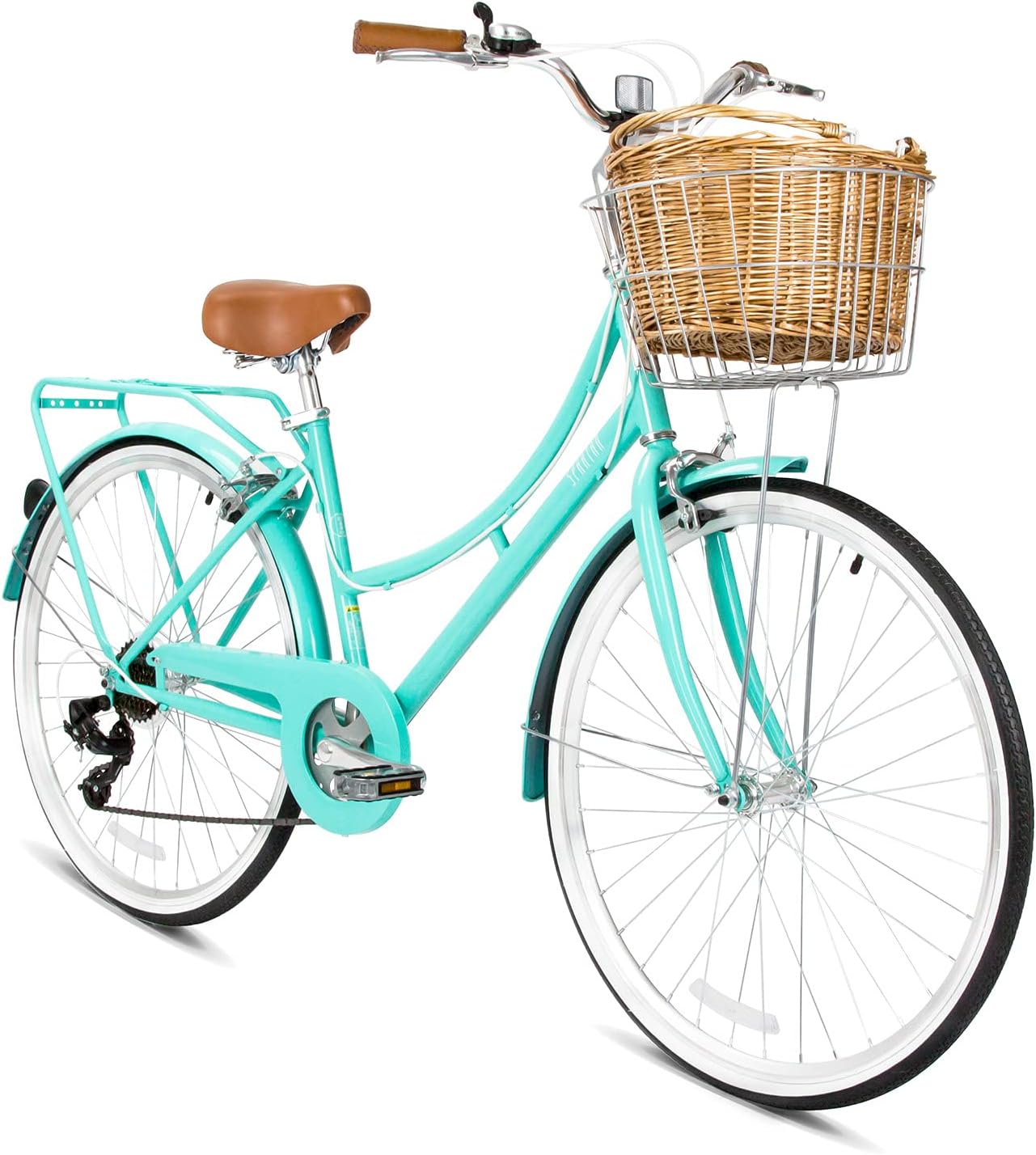 Spartan Platinum City Bike โ 26 Inch โ Bikes with Gears for Women โ Cruiser Bicycle for Ladies โ Includes Rear Rack, Vintage Basket and Stand โ Comfort Saddle โ Commuter Bicycles โ Turquoise