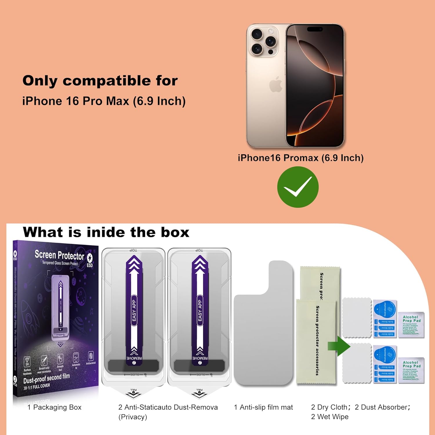 2 Pack Privacy Screen Protector for iPhone 16 Pro Max, 25° Anti-Spy Tempered Glass, 9H Hardness, Anti-Fingerprint, Auto-Alignment, Bubble-Free, Case Friendly