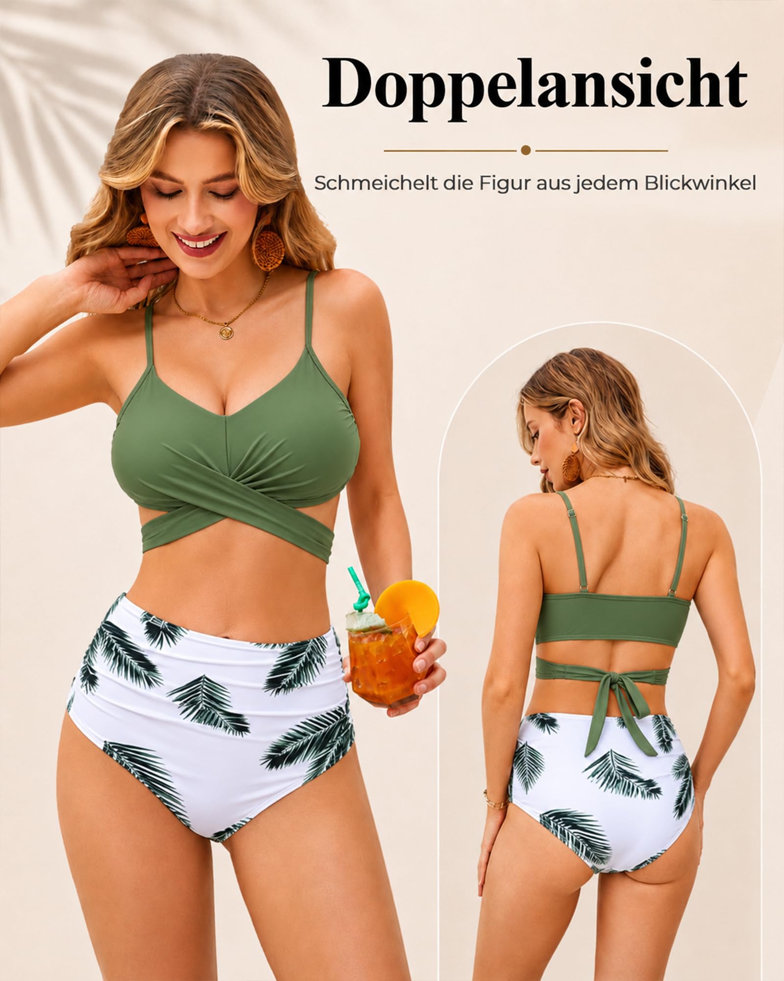 Bikini para mujer, sexy, cintura alta, push-up, traje de baño de dos piezas, parte superior, cuello en V, cruzado, ajustable, encaje hasta la espalda, tallas S-XXL