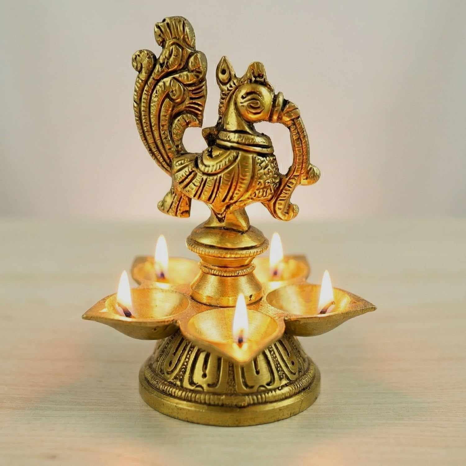 LoveNspire Peacock Deepam Brass Finish Diya Annam Deepak Samai Oil Lamp with Base Indian Festival Diwali Diya Hindu Puja Religious Home Decor Pooja Lamp Indian Housewarming Wedding Return Gift