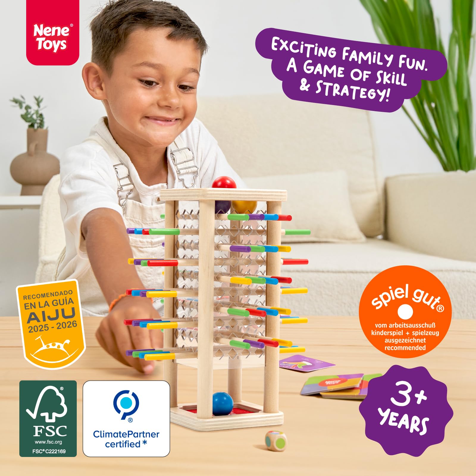 Nene Toys BALLFALL – Giochi Educativi Montessori in Legno per Bambini 3 4 5 6 Anni – Gioco da Tavolo con Bastoncini, Dado e Carte – Regalo per Motricità Fine e Abilità Logiche 3-9 Anni