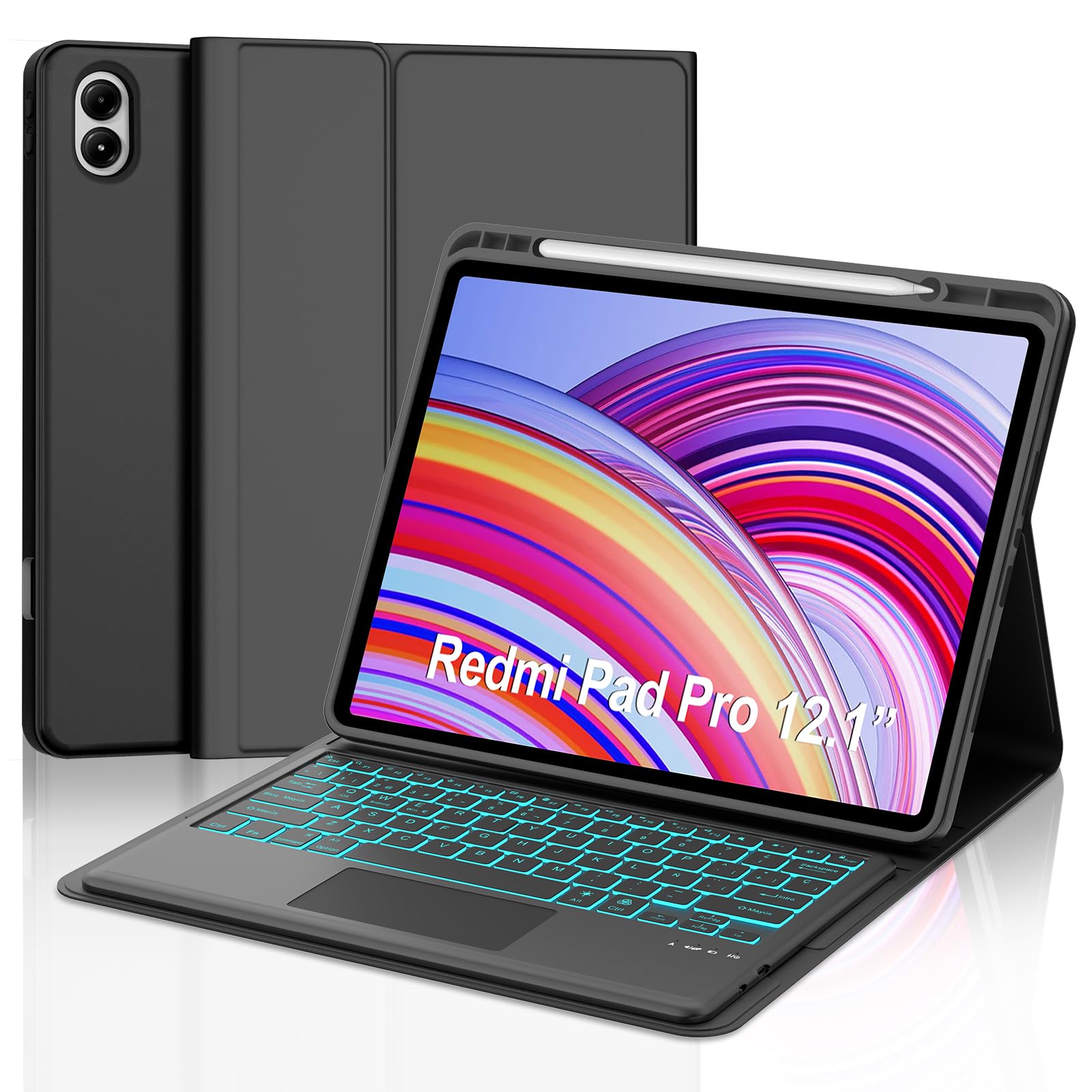 FOGARI Teclado con Touchpad para Redmi Pad Pro 12.1" 2024/Poco Pad 12.1" | Funda para Redmi Pad Pro 12.1 con Español Ñ Teclado Retroiluminado Desmontable con Trackpad para Xiaomi Redmi Pad Pro, Negro