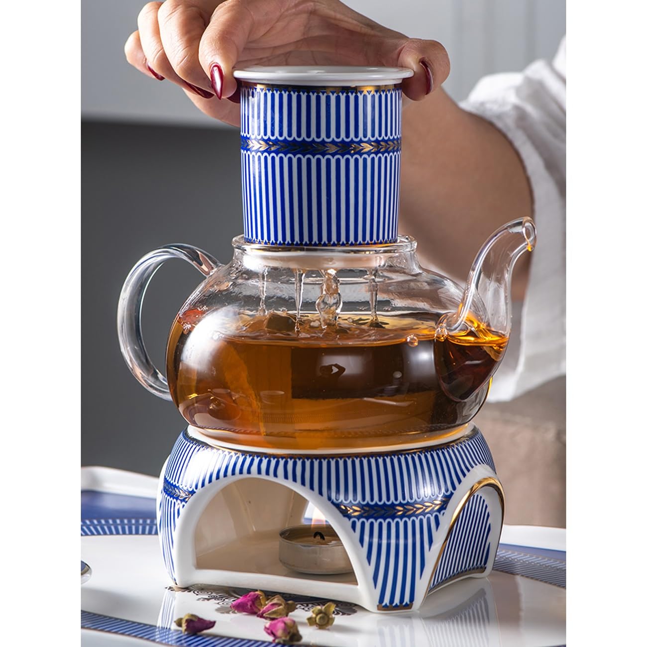 Zestaw do herbaty z porcelany kostnej z metalowym uchwytem, herbata kwiatowa, herbata owocowa, popołudniowa herbata, porcelanowe zestawy ze szklanym czajnikiem i podgrzewaczem, prezenty dla miłośnika