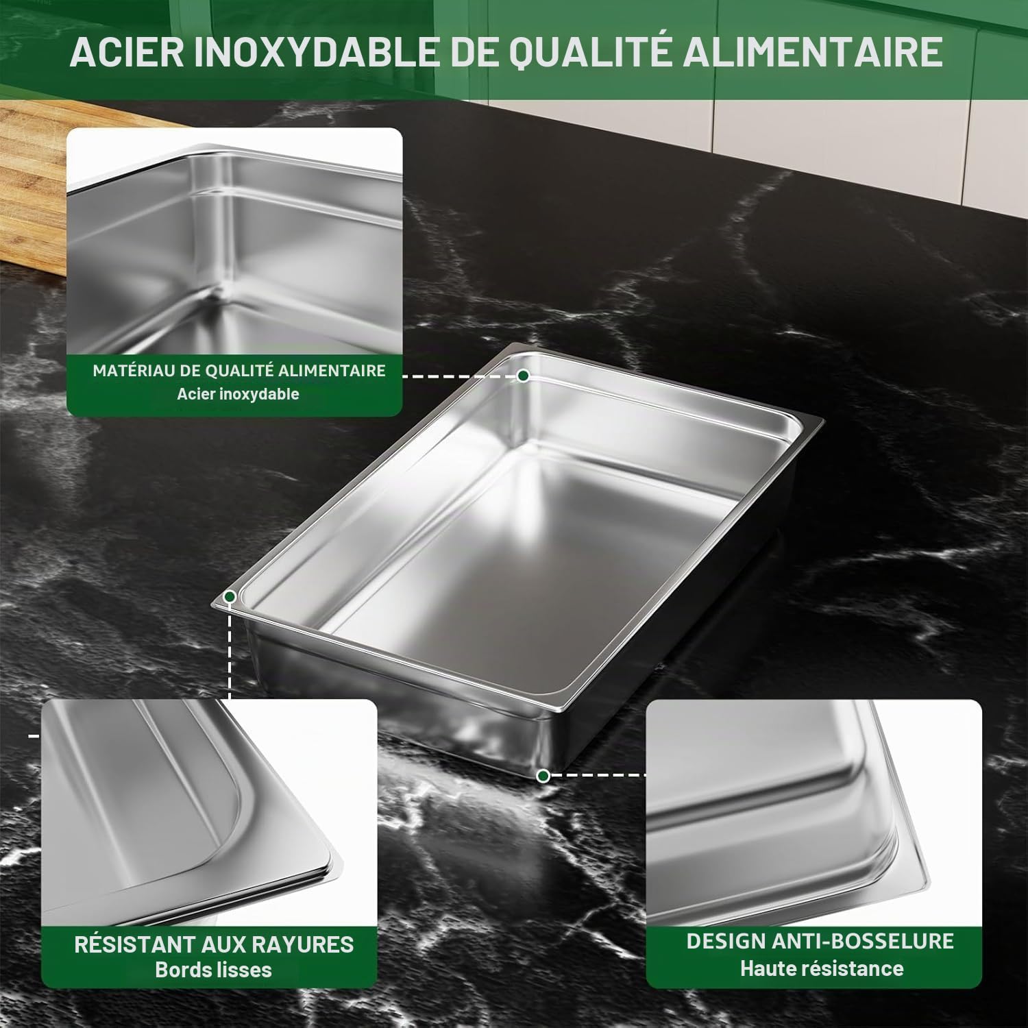 TAIMIKO Bac Gastronorme GN 1/1 Lot de 6, Récipients en acier inoxydable Bain-marie 1.0 mm d'Épaisseur 1260g par pièce, Bac Inox Alimentaire pour Four, Réfrigérateurs, Stockage, Restauration