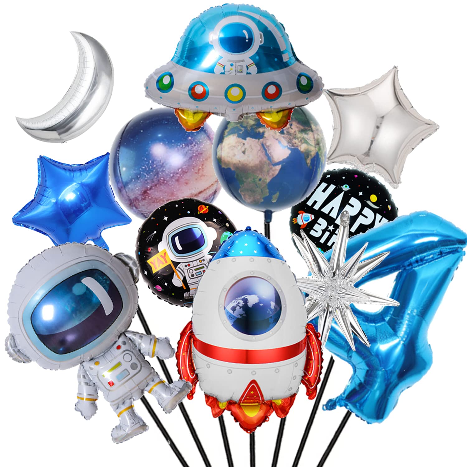 Finypa12Pcs Space Theme Birthday Party Decoration Astronaut Spaceman Foil Balloons,4th Outer Space Birthday Party Supplies,Galaxy Balloons for Boy 4 Years Old Birthday Decor