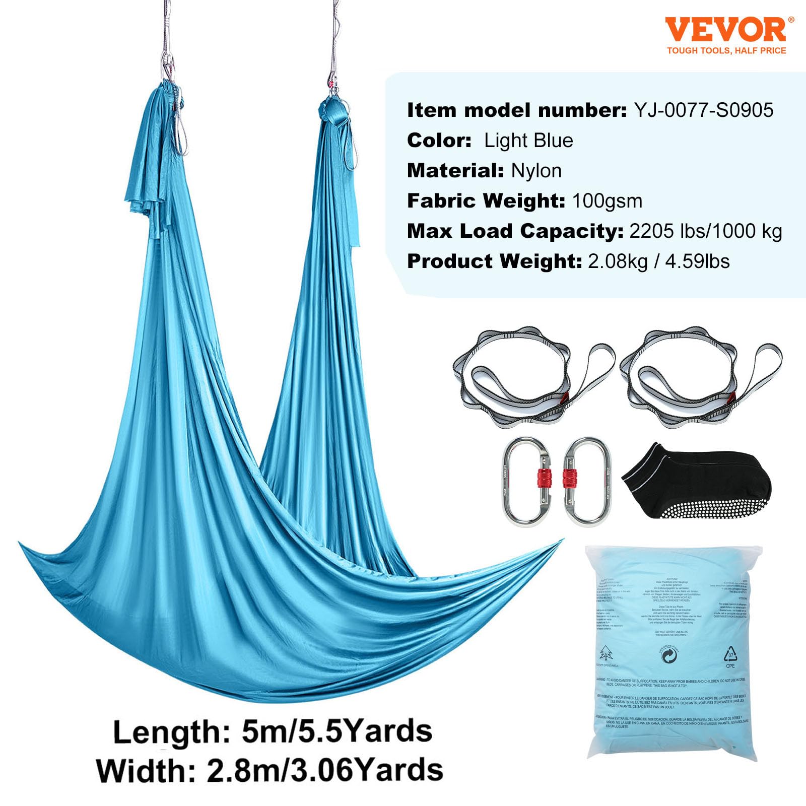 VEVOR Amaca e Altalena per Yoga Aereo, 5,5 Iarde, 100 g/m², Hardware Completo per l'attrezzatura e Guida di Installazione Semplice, Volo antigravità per Bodybuilding Fitness di Tutti i Livelli, Blu